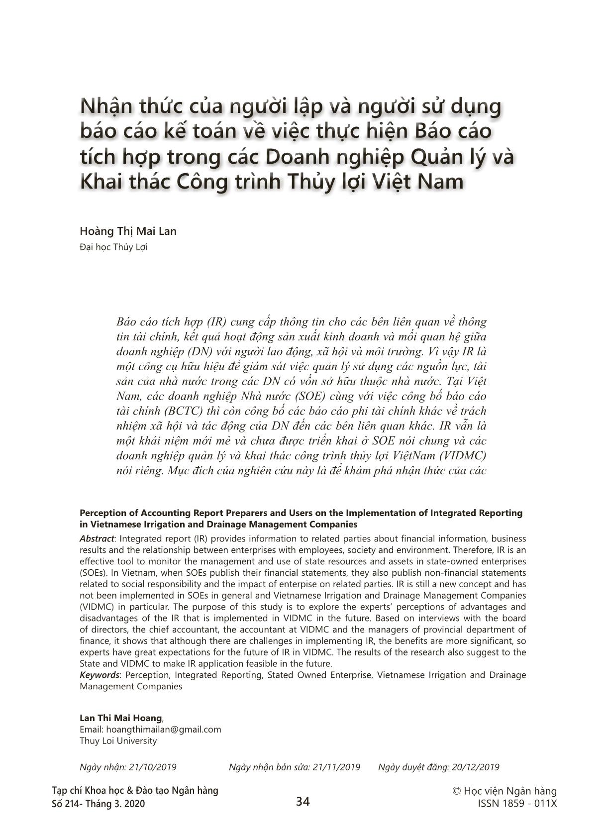 Nhận thức của người lập và người sử dụng Báo cáo kế toán về việc thực hiện Báo cáo tích hợp trong các Doanh nghiệp Quản lý và Khai thác Công trình Thủy lợi Việt Nam trang 1