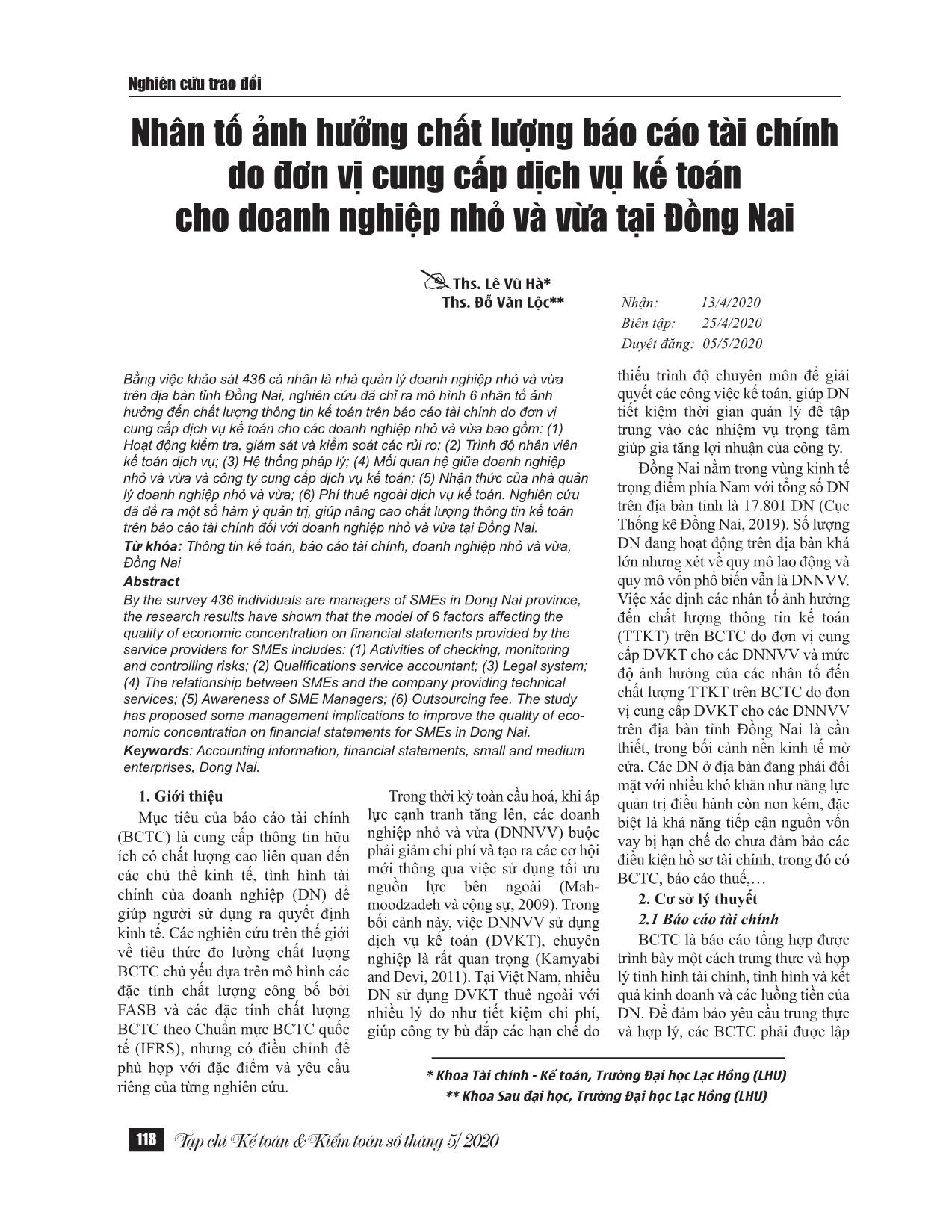 Nhân tố ảnh hưởng chất lượng Báo cáo tài chính do đơn vị cung cấp dịch vụ kế toán cho doanh nghiệp nhỏ và vừa tại Đồng Nai trang 1