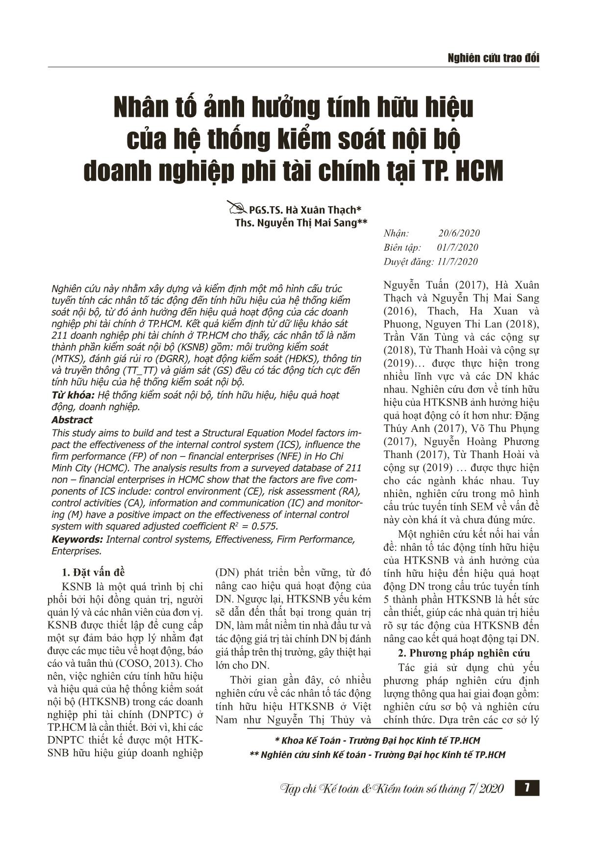 Nhân tố ảnh hưởng tính hữu hiệu của hệ thống kiểm soát nội bộ doanh nghiệp phi tài chính tại thành phố Hồ Chí Minh trang 1
