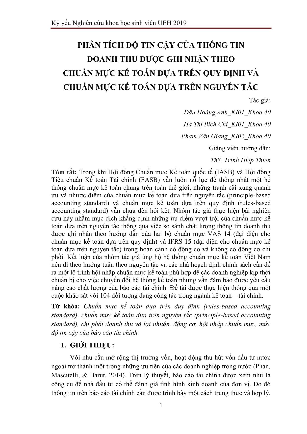 Phân tích độ tin cậy của thông tin doanh thu được ghi nhận theo chuẩn mực kế toán dựa trên quy định và chuẩn mực kế toán dựa trên nguyên tắc trang 1