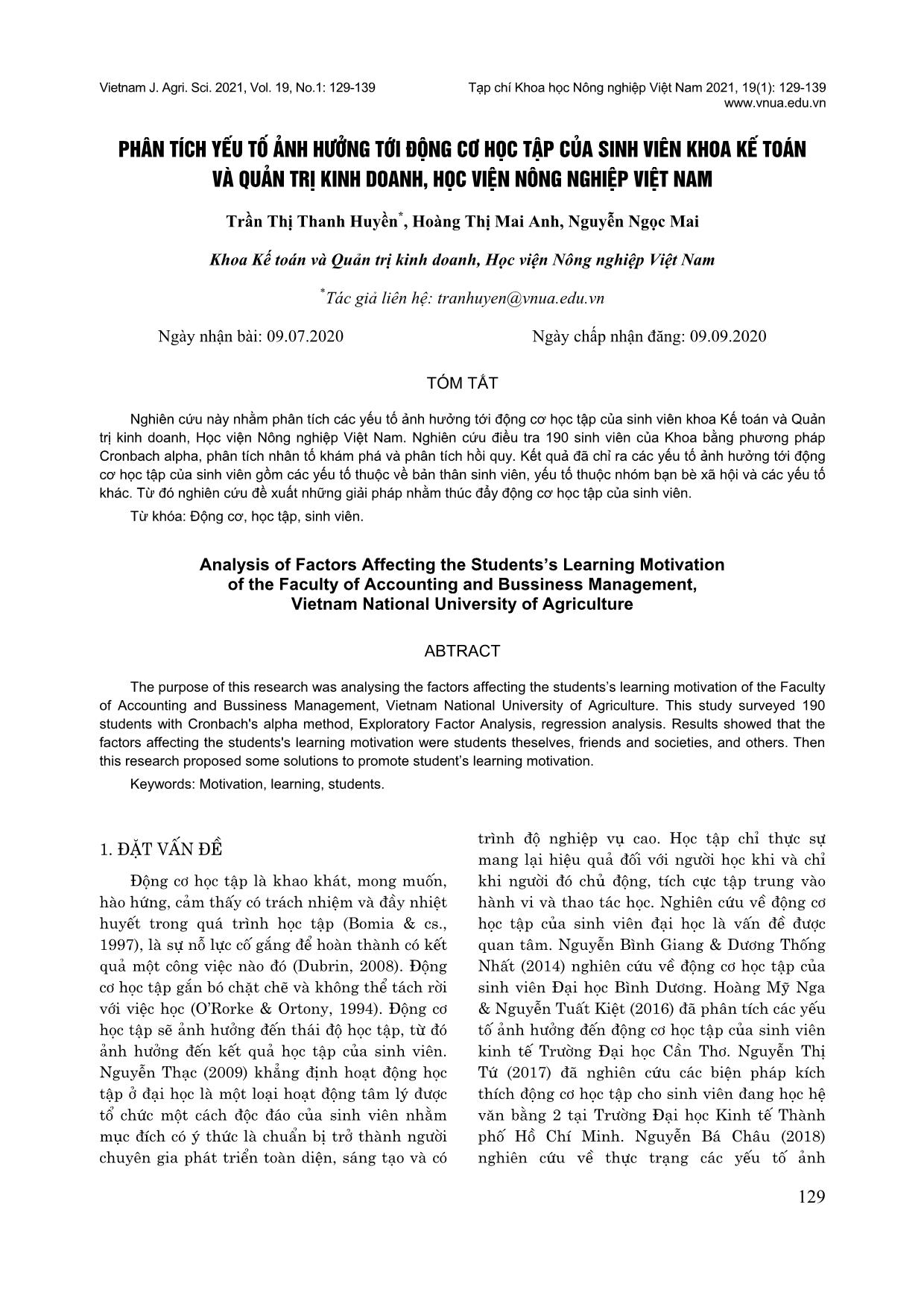 Phân tích yếu tố ảnh hưởng tới động cơ học tập của sinh viên khoa Kế toán và quản trị kinh doanh, Học viện Nông nghiệp Việt Nam trang 1