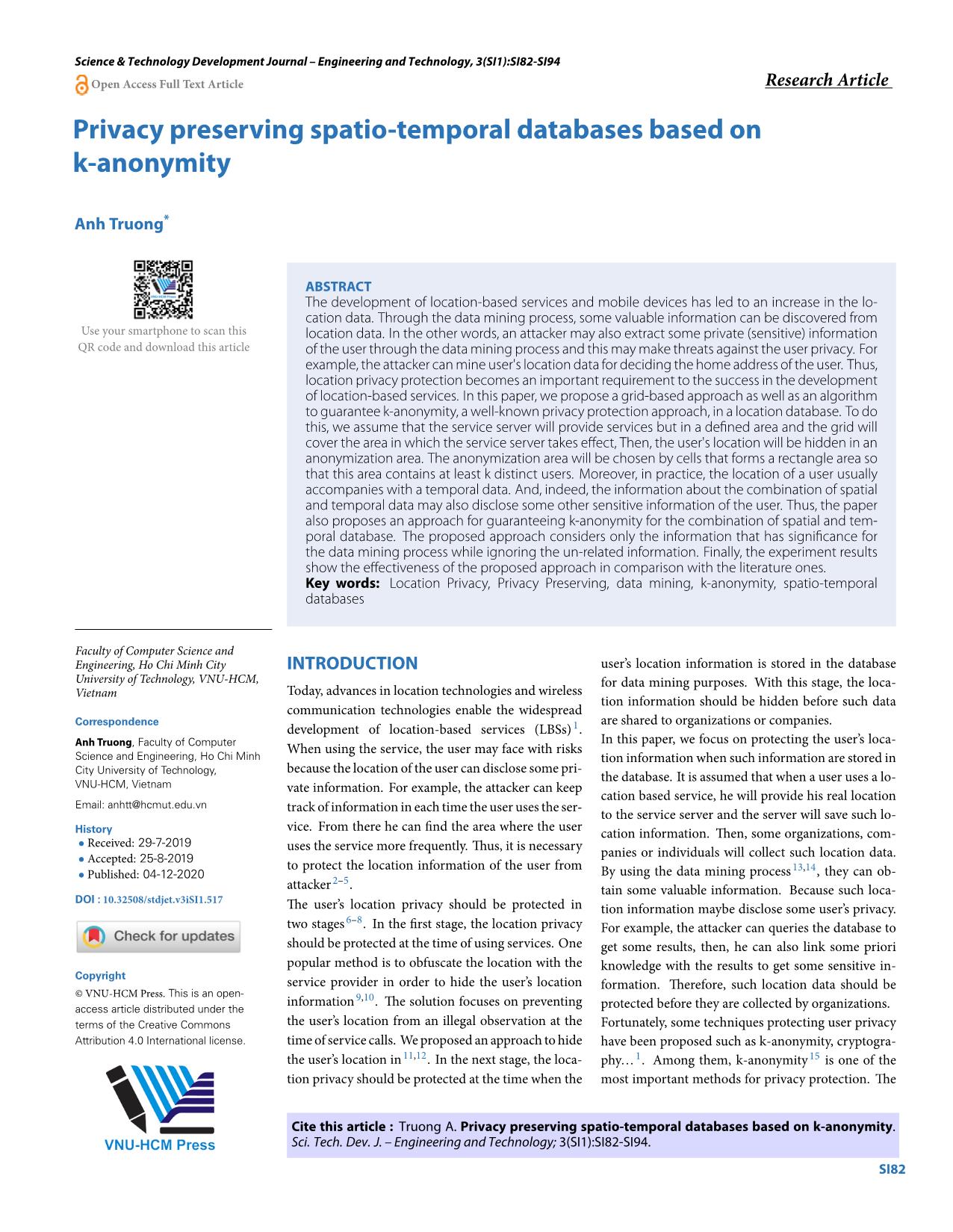 Privacy preserving spatio-temporal databases based on k-anonymity trang 1