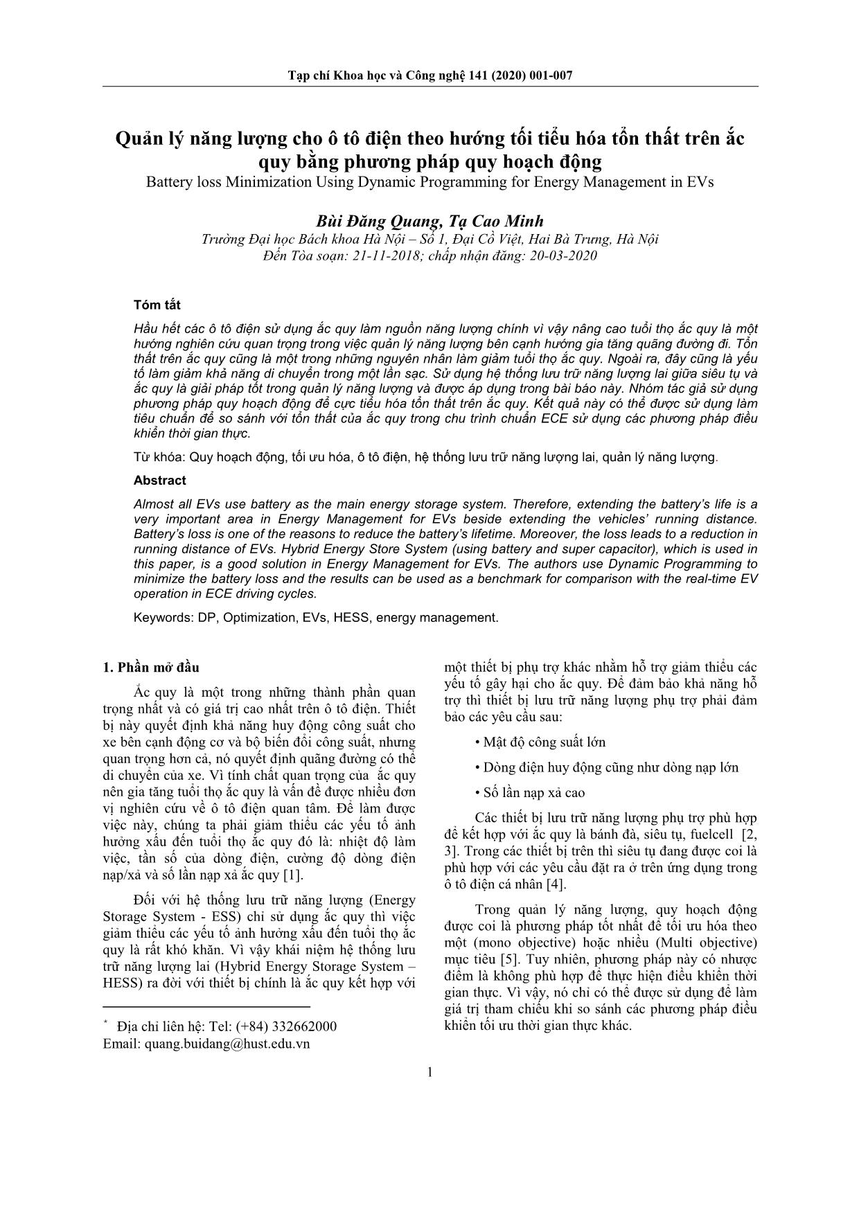 Quản lý năng lượng cho ô tô điện theo hướng tối tiểu hóa tổn thất trên ắc quy bằng phương pháp quy hoạch động trang 1