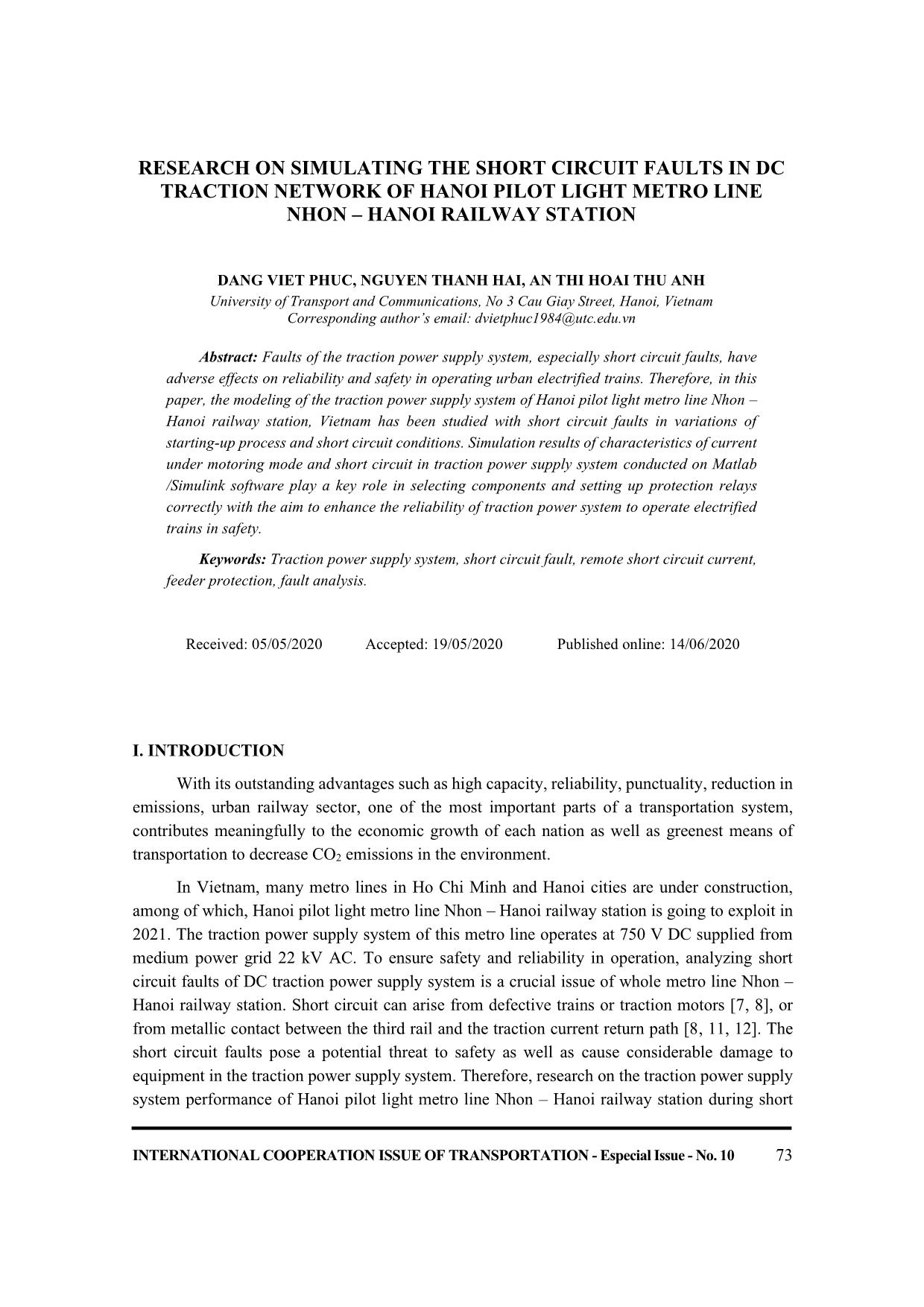 Research on simulating the short circuit faults in dc traction network of hanoi pilot light metro line nhon – Ha Noi railway station trang 1