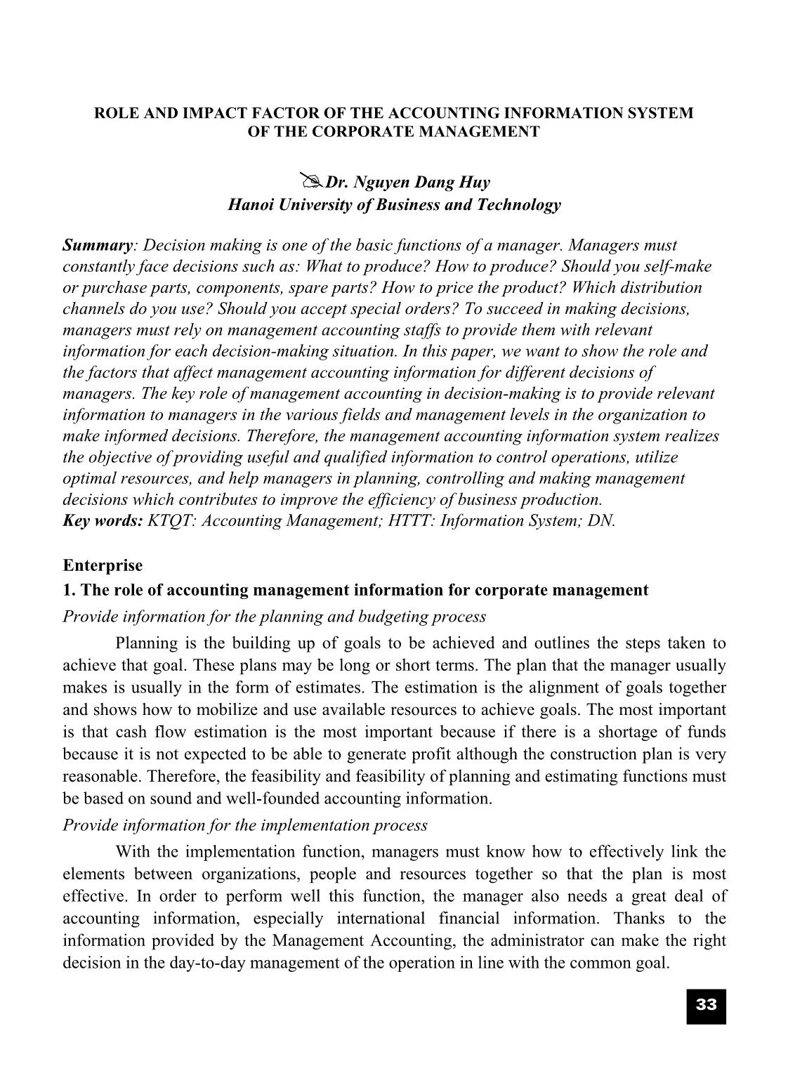 Role and impact factor of the accounting information system of the corporate management trang 1