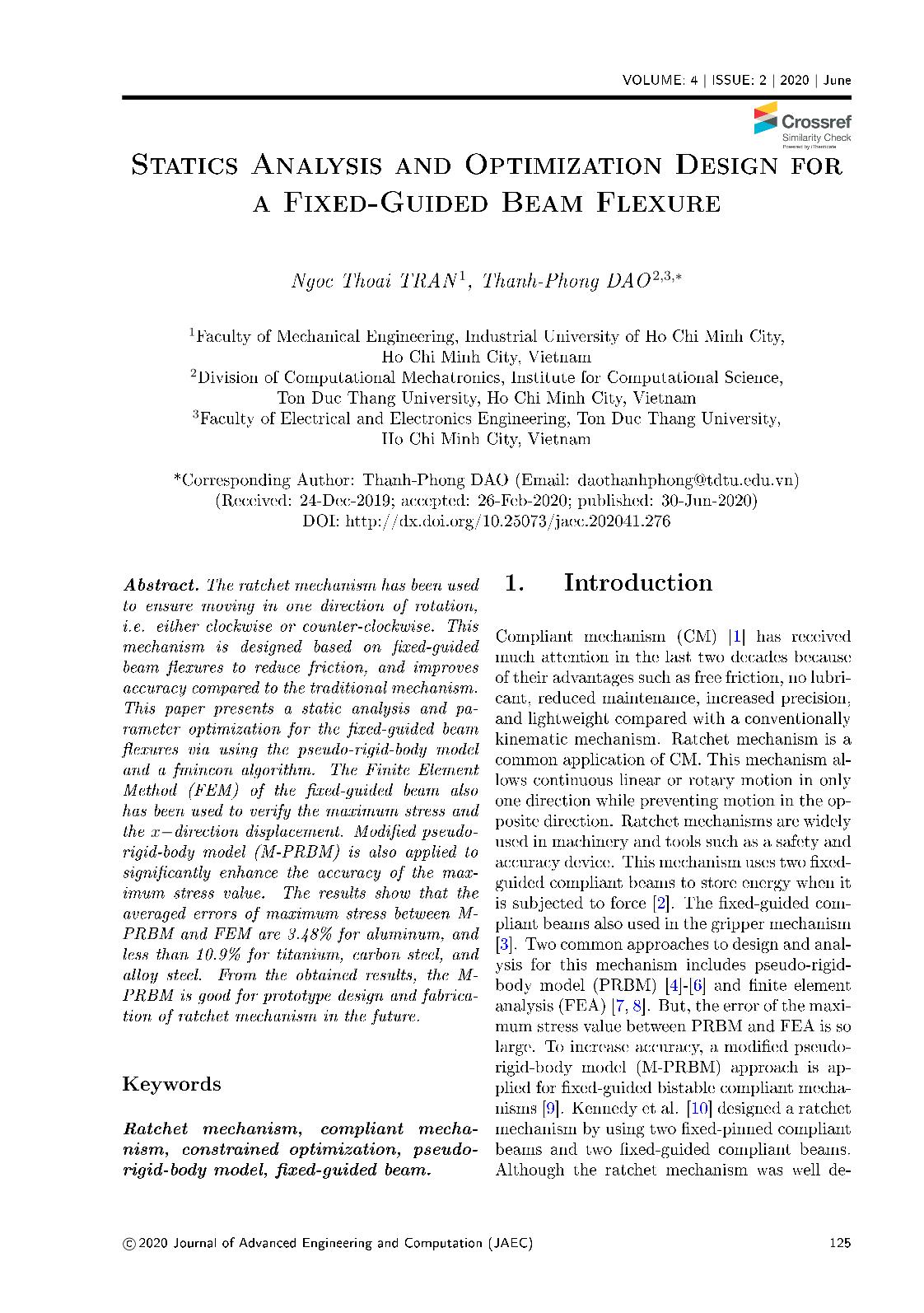 Statics analysis and optimization design for a fixed - guided beam flexure trang 1