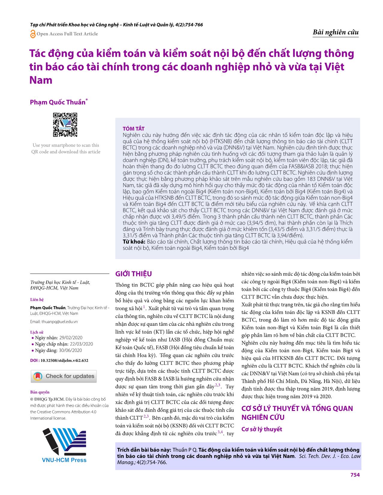 Tác động của kiểm toán và kiểm soát nội bộ đến chất lượng thông tin Báo cáo tài chính trong các doanh nghiệp nhỏ và vừa tại Việt Nam trang 1