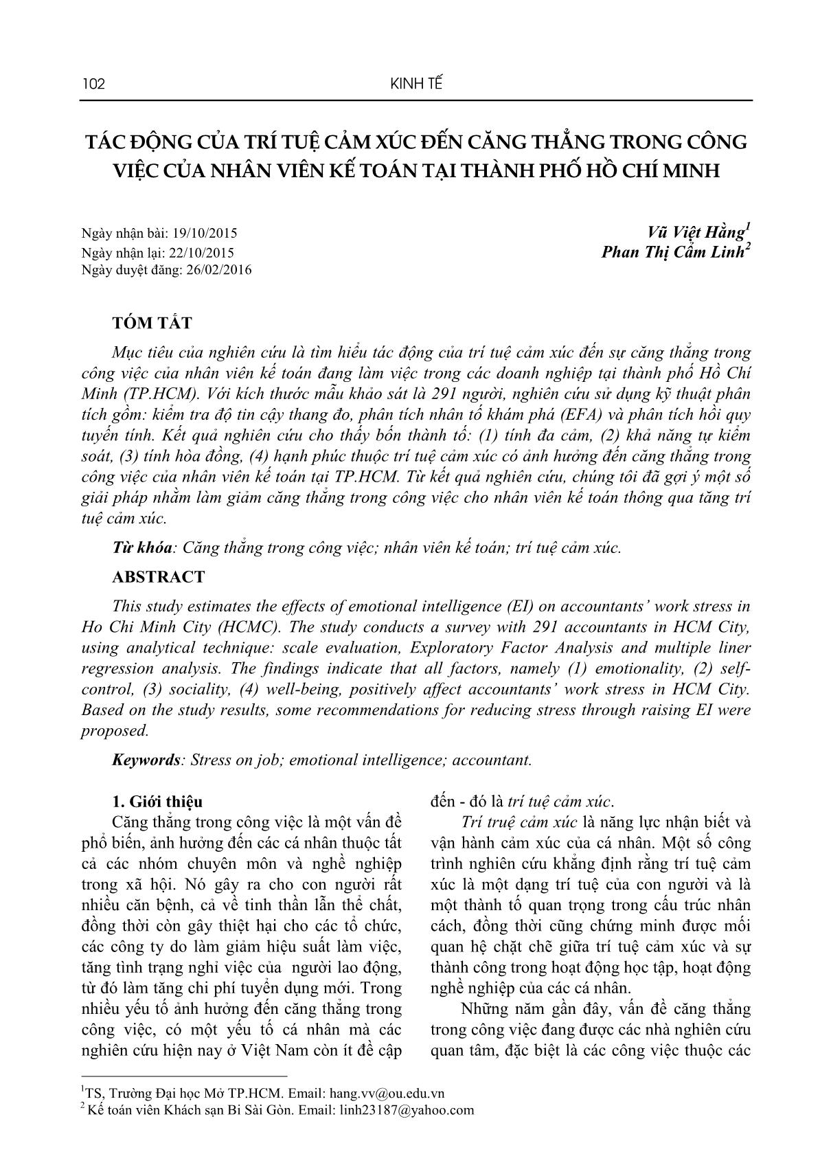 Tác động của trí tuệ cảm xúc đến căng thẳng trong công việc của nhân viên kế toán tại thành phố Hồ Chí Minh trang 1