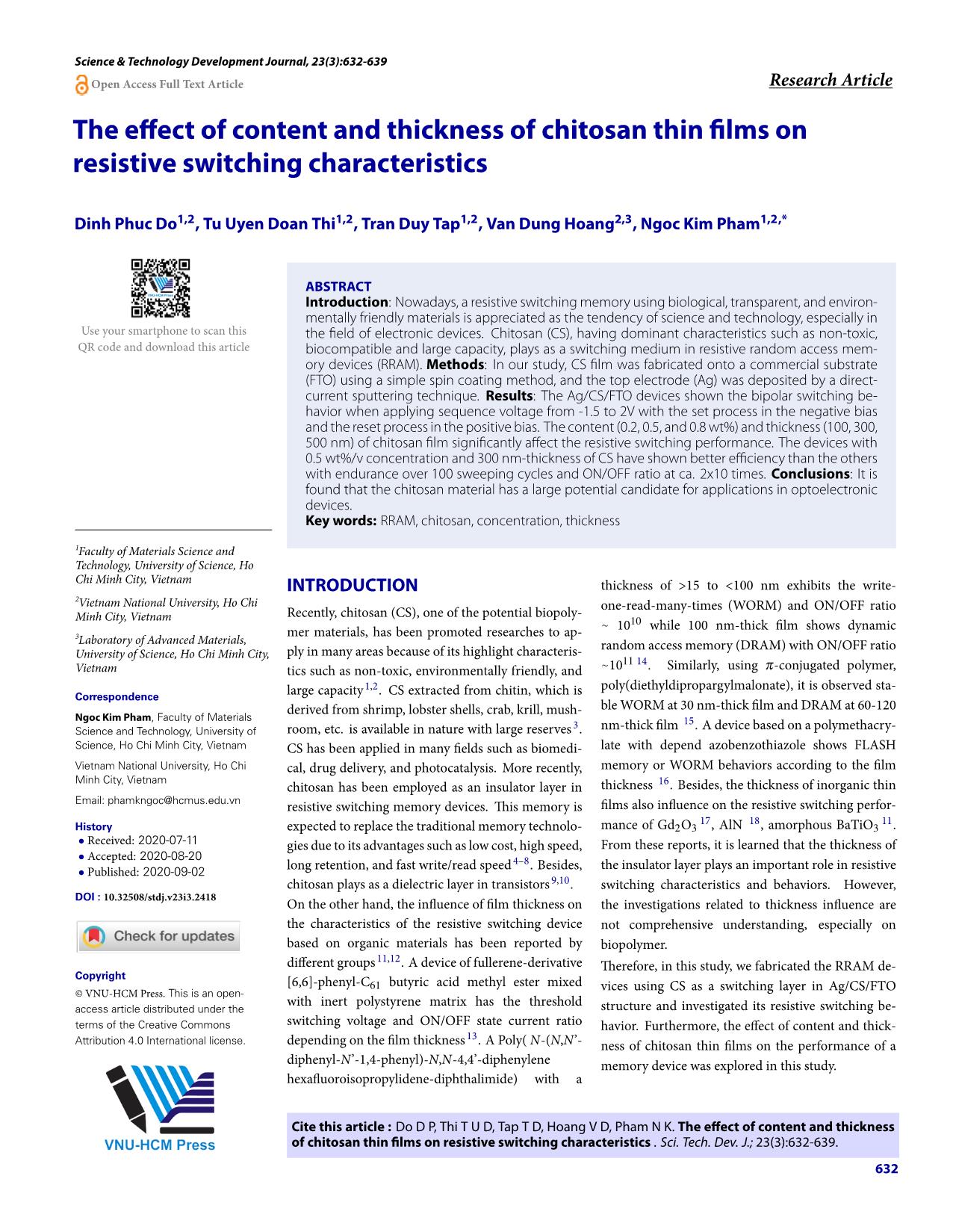 The effect of content and thickness of chitosan thin films on resistive switching characteristics trang 1