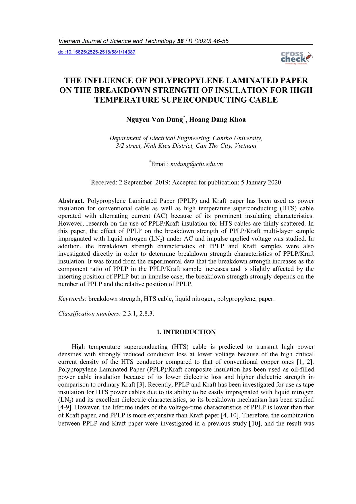 The influence of polypropylene laminated paper on the breakdown strength of insulation for high temperature superconducting cable trang 1
