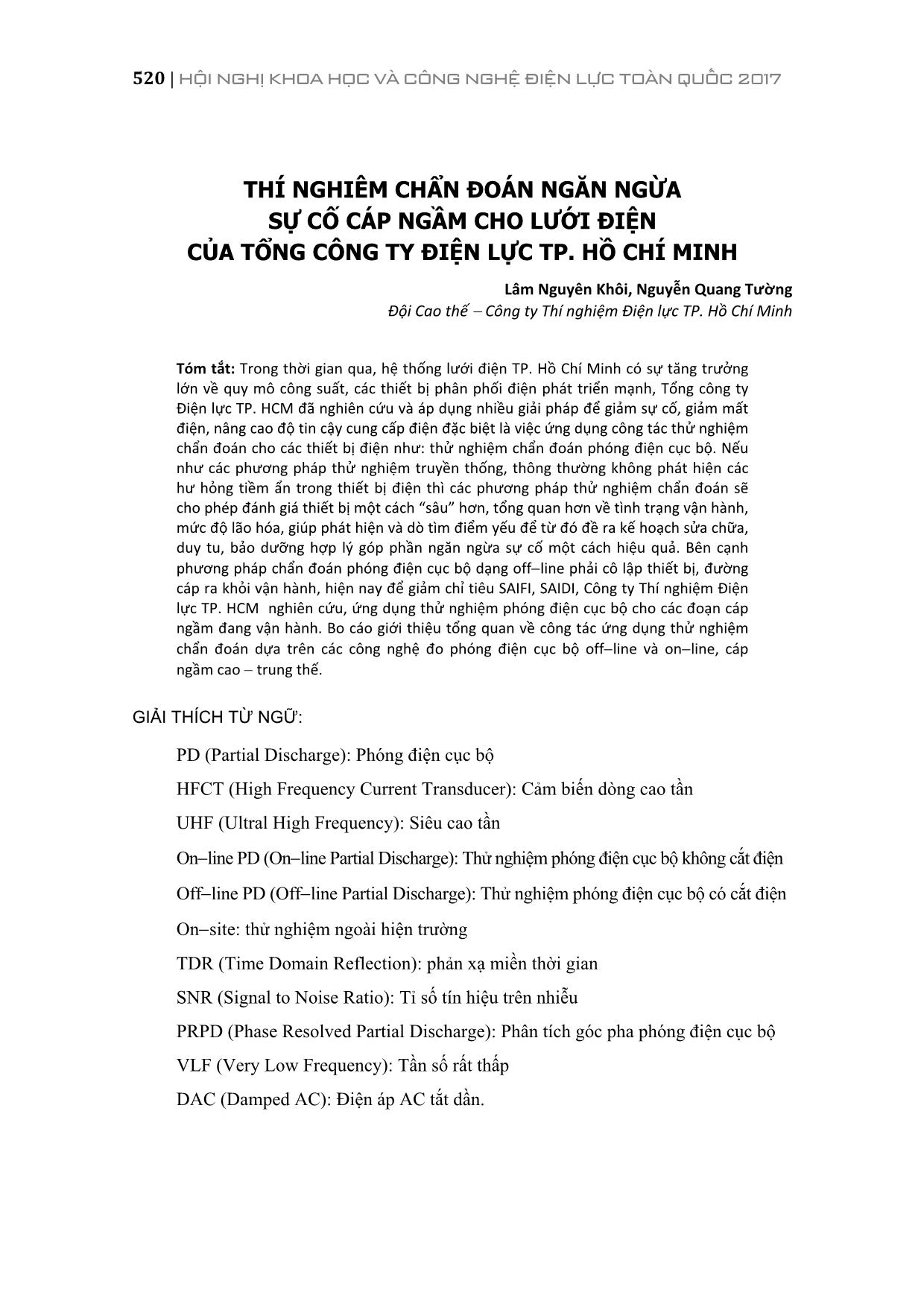 Thí nghiêm chẩn đoán ngăn ngừa sự cố cáp ngầm cho lưới điện của tổng công ty điện lực thành phố Hồ Chí Minh trang 1