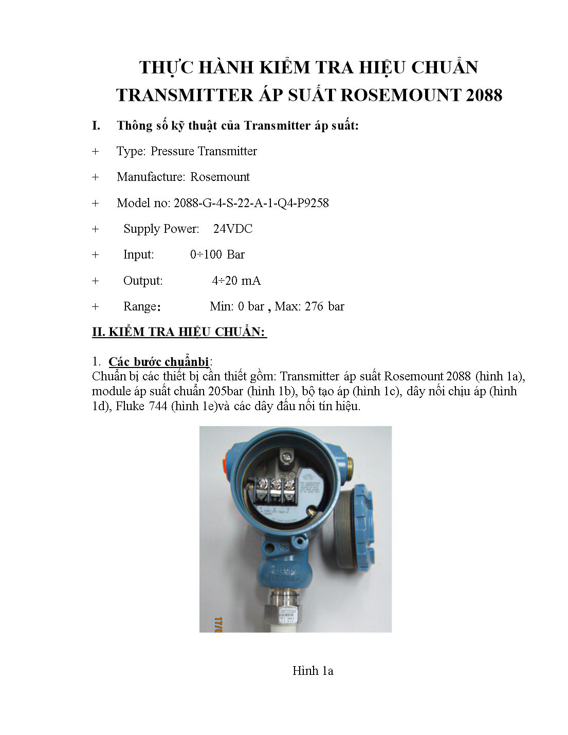 Thực hành kiểm tra hiệu chuẩn transmitter áp suất rosemount 2088 trang 1