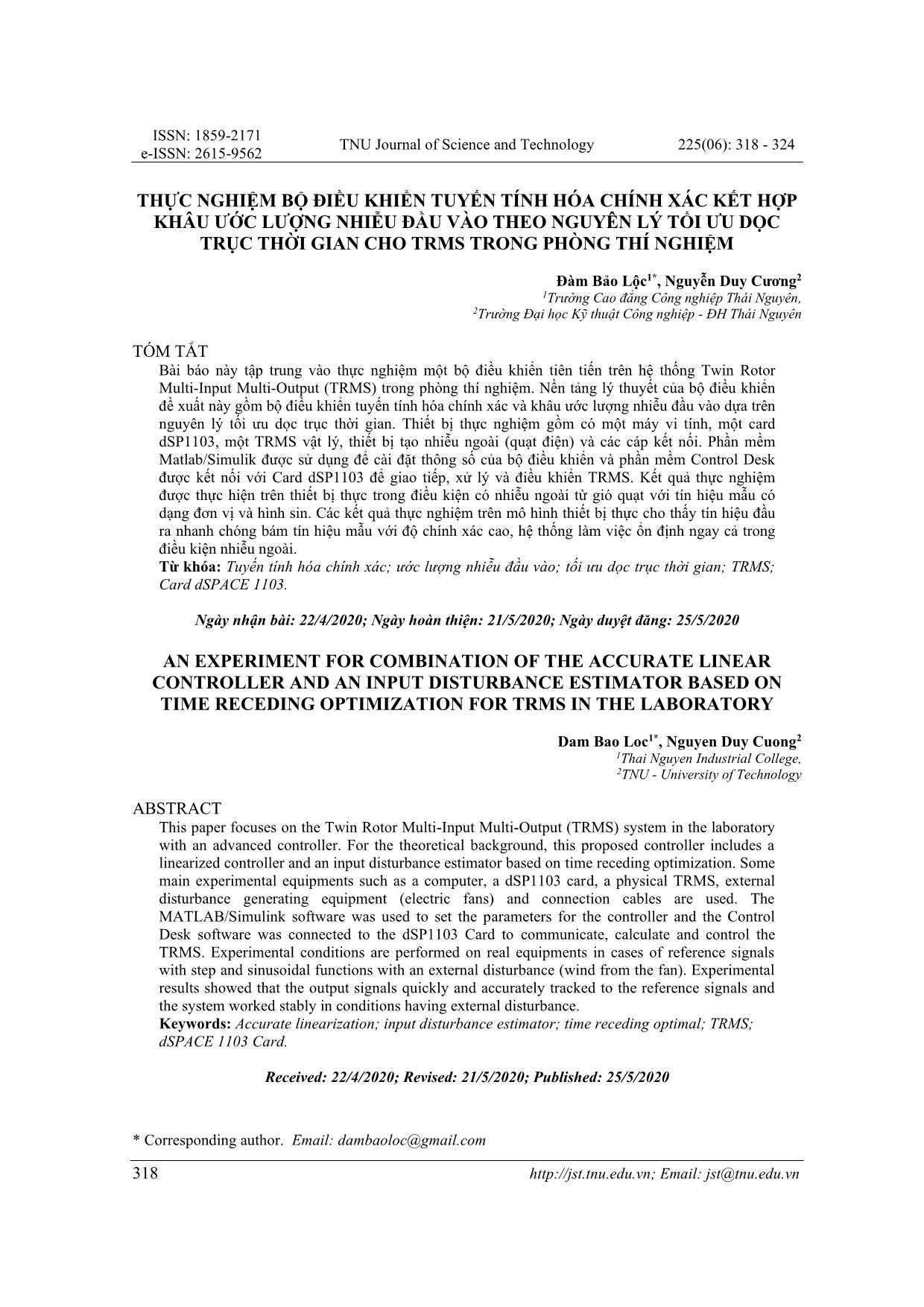Thực nghiệm bộ điều khiển tuyến tính hóa chính xác kết hợp khâu ước lượng nhiễu đầu vào theo nguyên lý tối ưu dọc trục thời gian cho trms trong phòng thí nghiệm trang 1
