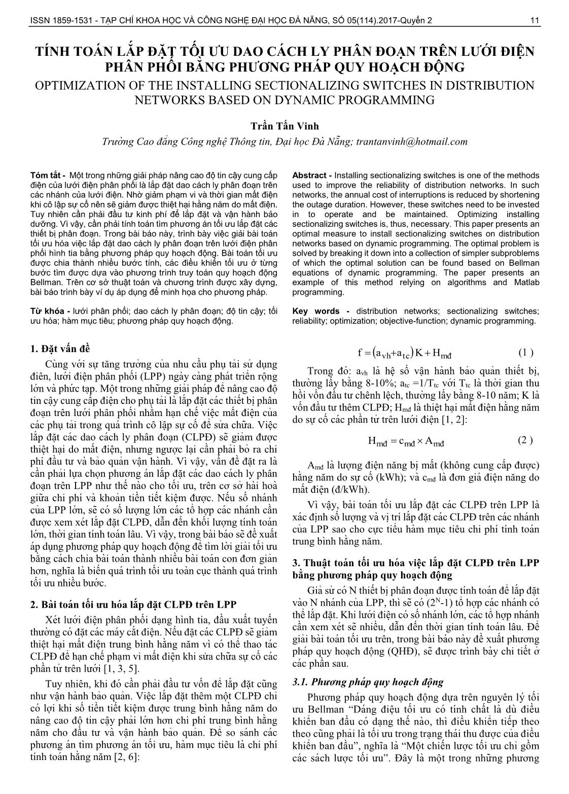 Tính toán lắp đặt tối ứu dao cách lý phân đoạn trên lưới điện phân phối bằng phương pháp quy hoạch động trang 1