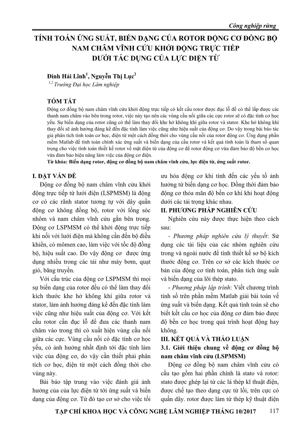 Tính toán ứng suất, biến dạng của rotor động cơ đồng bộ nam châm vĩnh cửu khởi động trực tiếp dưới tác dụng của lực điện từ trang 1