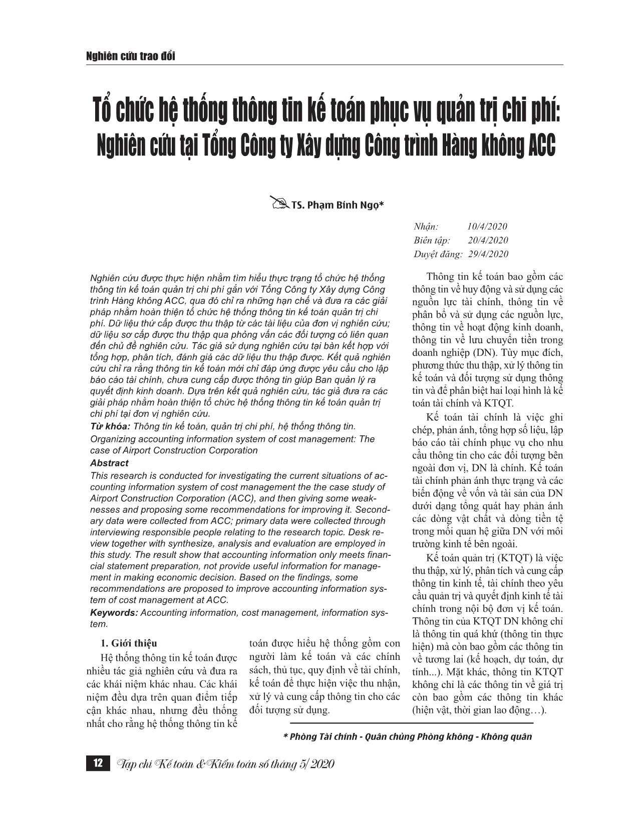 Tổ chức hệ thống thông tin kế toán phục vụ quản trị chi phí: Nghiên cứu tại Tổng công ty Xây dựng Công trình Hàng không ACC trang 1
