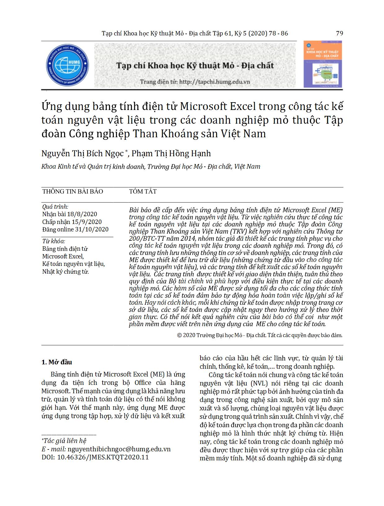 Ứng dụng bảng tính điện tử Microsoft Excel trong công tác kế toán nguyên vật liệu trong các doanh nghiệp mỏ thuộ c Tập đoàn Công nghiệp Than Khoáng sản Việt Nam trang 2