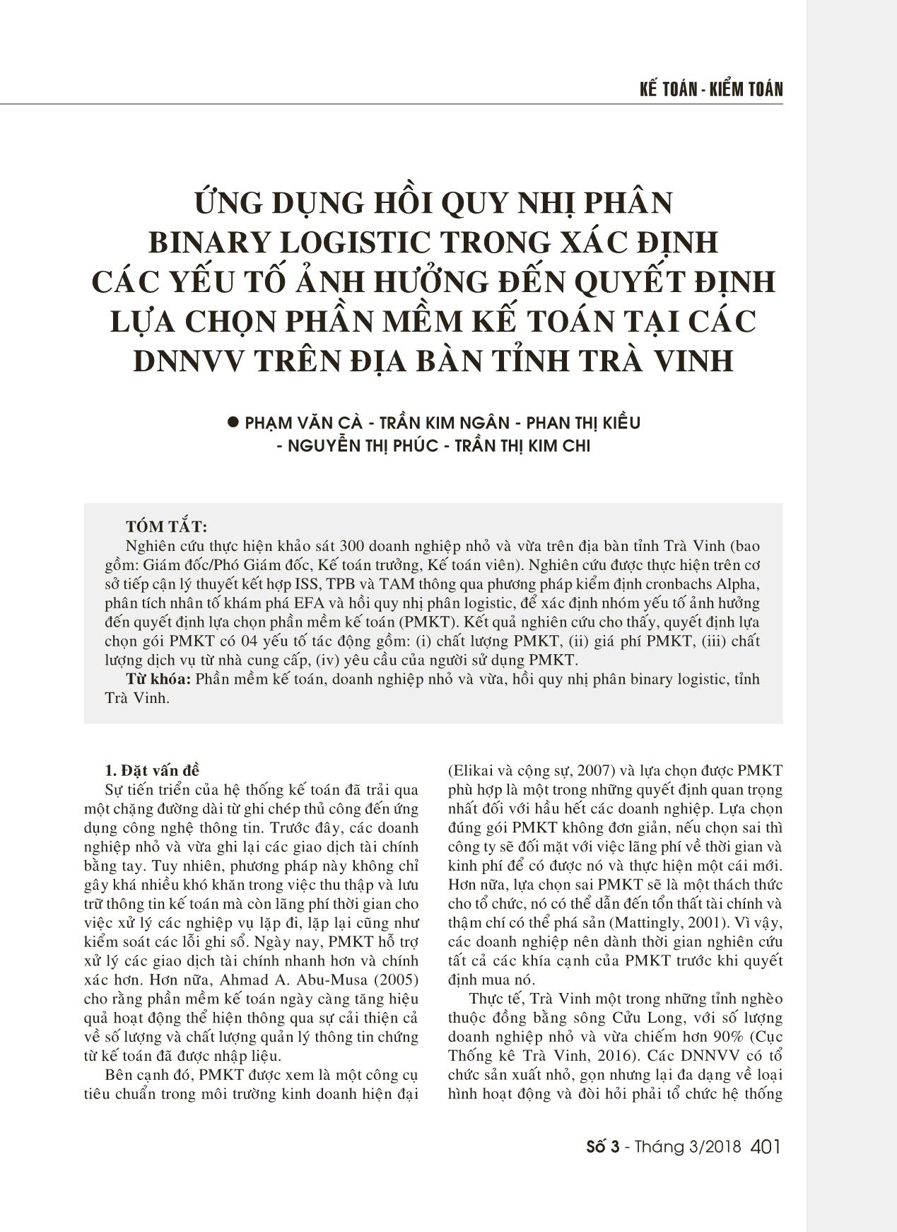 Ứng dụng hồi quy nhị phân Binary logistic trong xác định các yếu tố ảnh hưởng đến quyết định lựa chọn phần mềm kế toán tại các doanh nghiệp vừa và nhỏ trên địa bàn tỉnh Trà Vinh trang 1