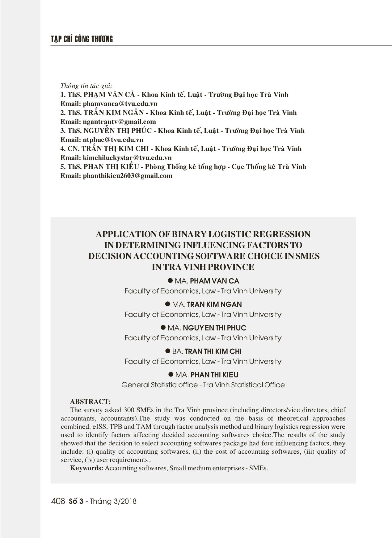 Ứng dụng hồi quy nhị phân Binary logistic trong xác định các yếu tố ảnh hưởng đến quyết định lựa chọn phần mềm kế toán tại các doanh nghiệp vừa và nhỏ trên địa bàn tỉnh Trà Vinh trang 8