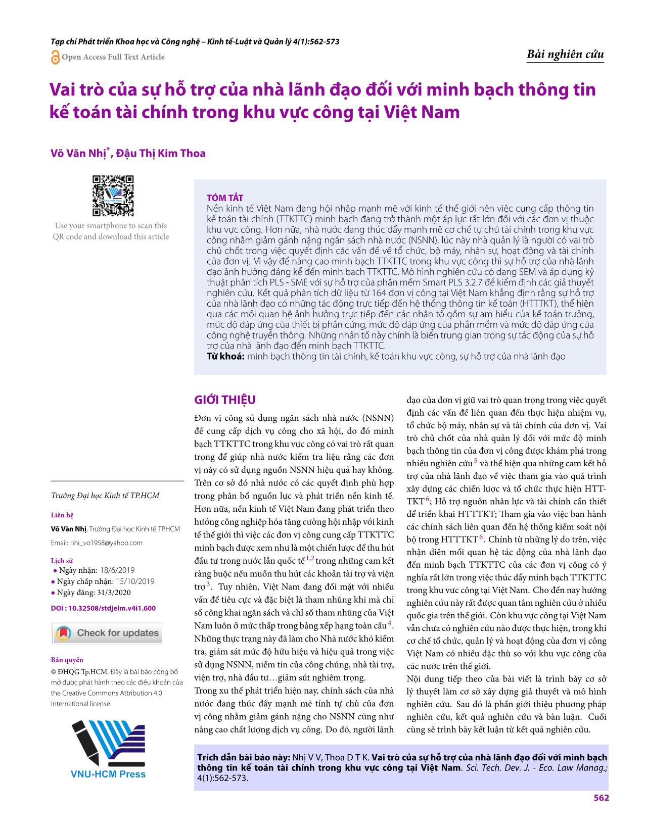 Vai trò của sự hỗ trợ của nhà lãnh đạo đối với minh bạch thông tin kế toán tài chính trong khu vực công tại Việt Nam trang 1