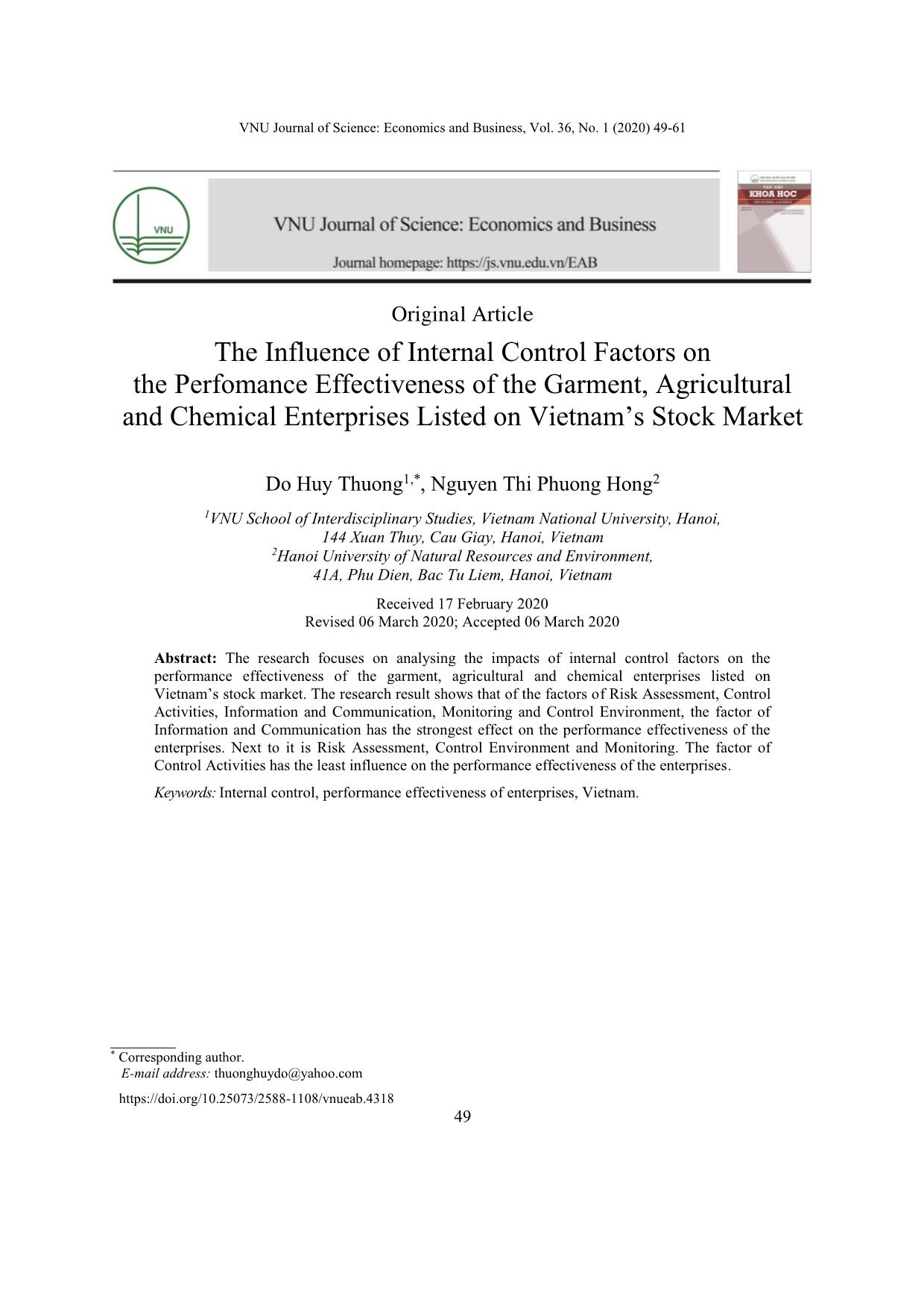 The influence of internal control factors on the perfomance effectiveness of the garment, agricultural and chemical enterprises listed on Vietnam’s stock market trang 1