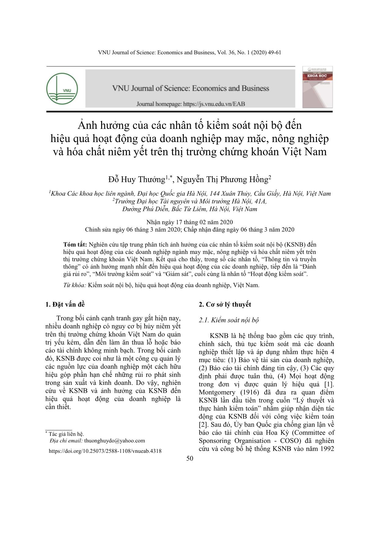 The influence of internal control factors on the perfomance effectiveness of the garment, agricultural and chemical enterprises listed on Vietnam’s stock market trang 2