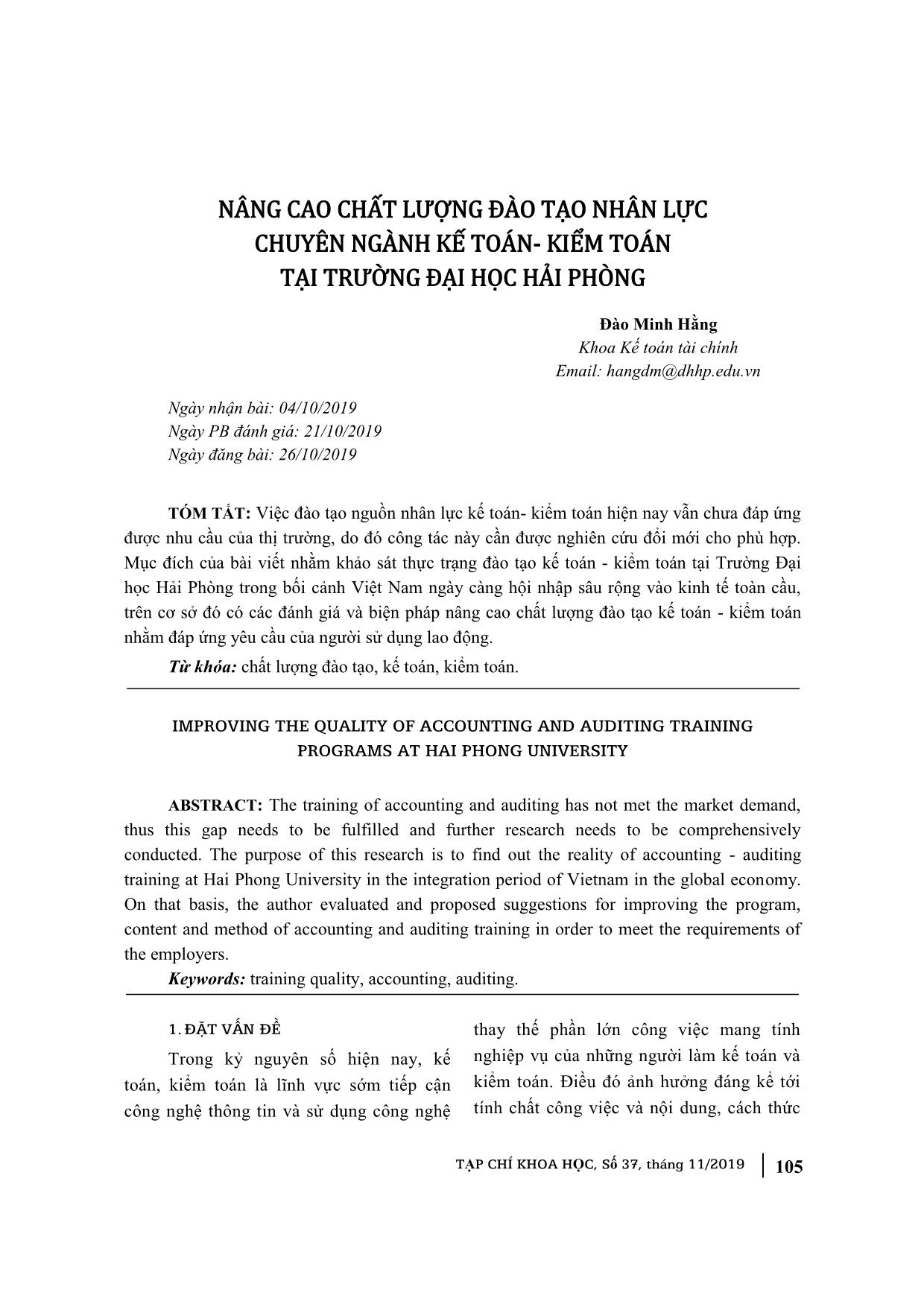 Nâng cao chất lượng đào tạo nhân lực chuyên ngành Kế toán & Kiểm toán tại trường Đại học Hải Phòng trang 1