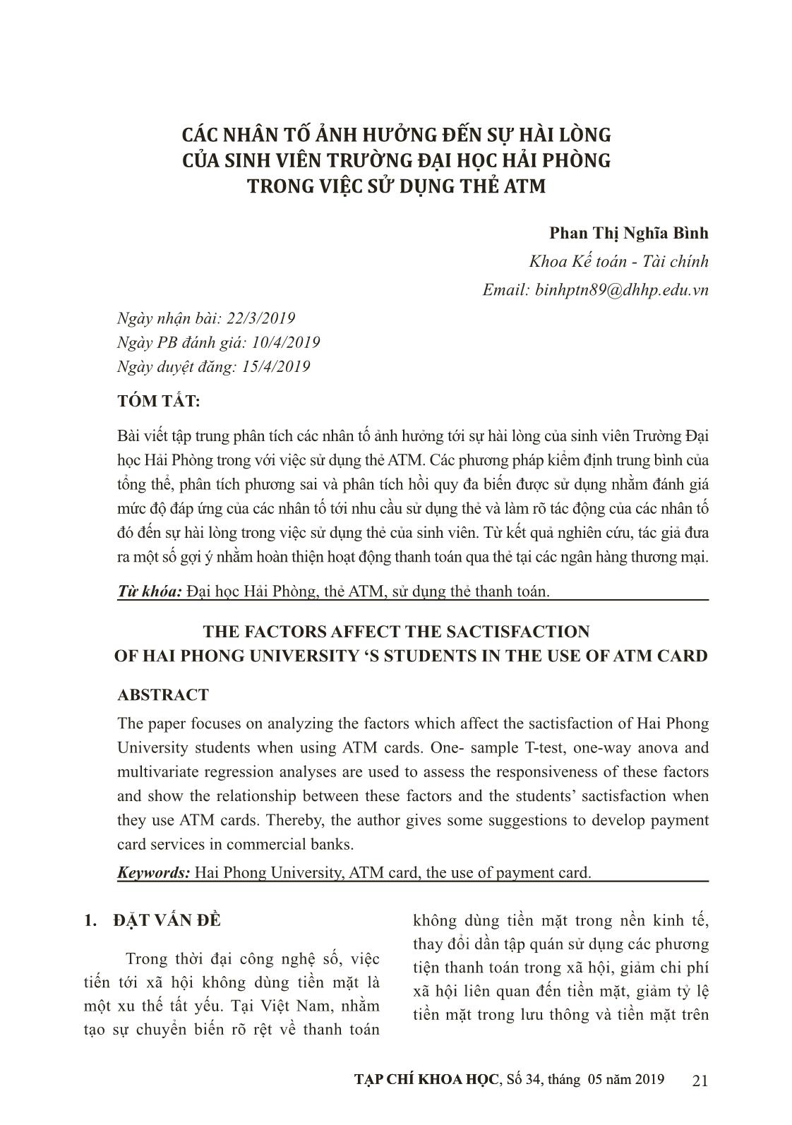 Các nhân tố ảnh hưởng đến sự hài lòng của sinh viên trường Đại học Hải Phòng trong việc sử dụng thẻ ATM trang 1