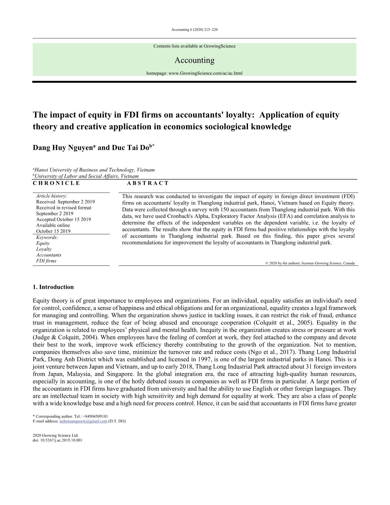 The impact of equity in FDI firms on accountants loyalty: Application of equity theory and creative application in economics sociological knowledge trang 1