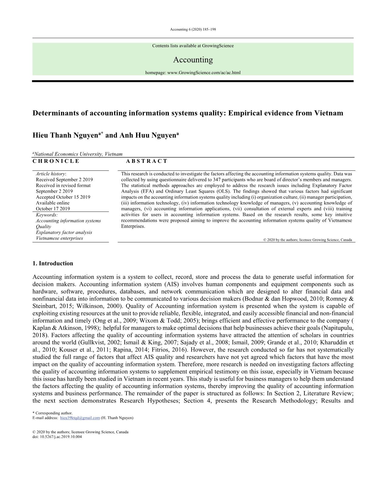 Determinants of accounting information systems quality: Empirical evidence from Vietnam trang 1