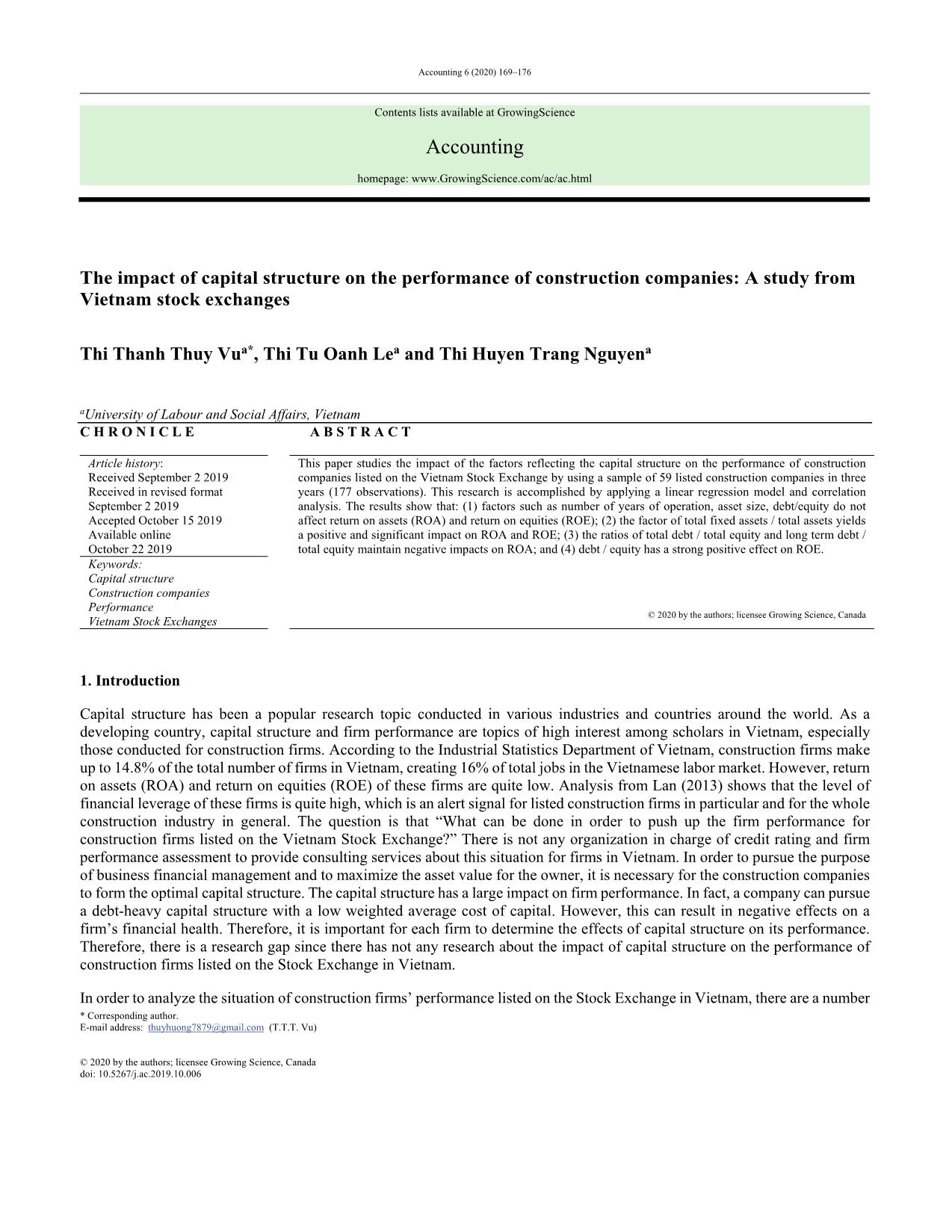 The impact of capital structure on the performance of construction companies: A study from Vietnam stock exchanges trang 1