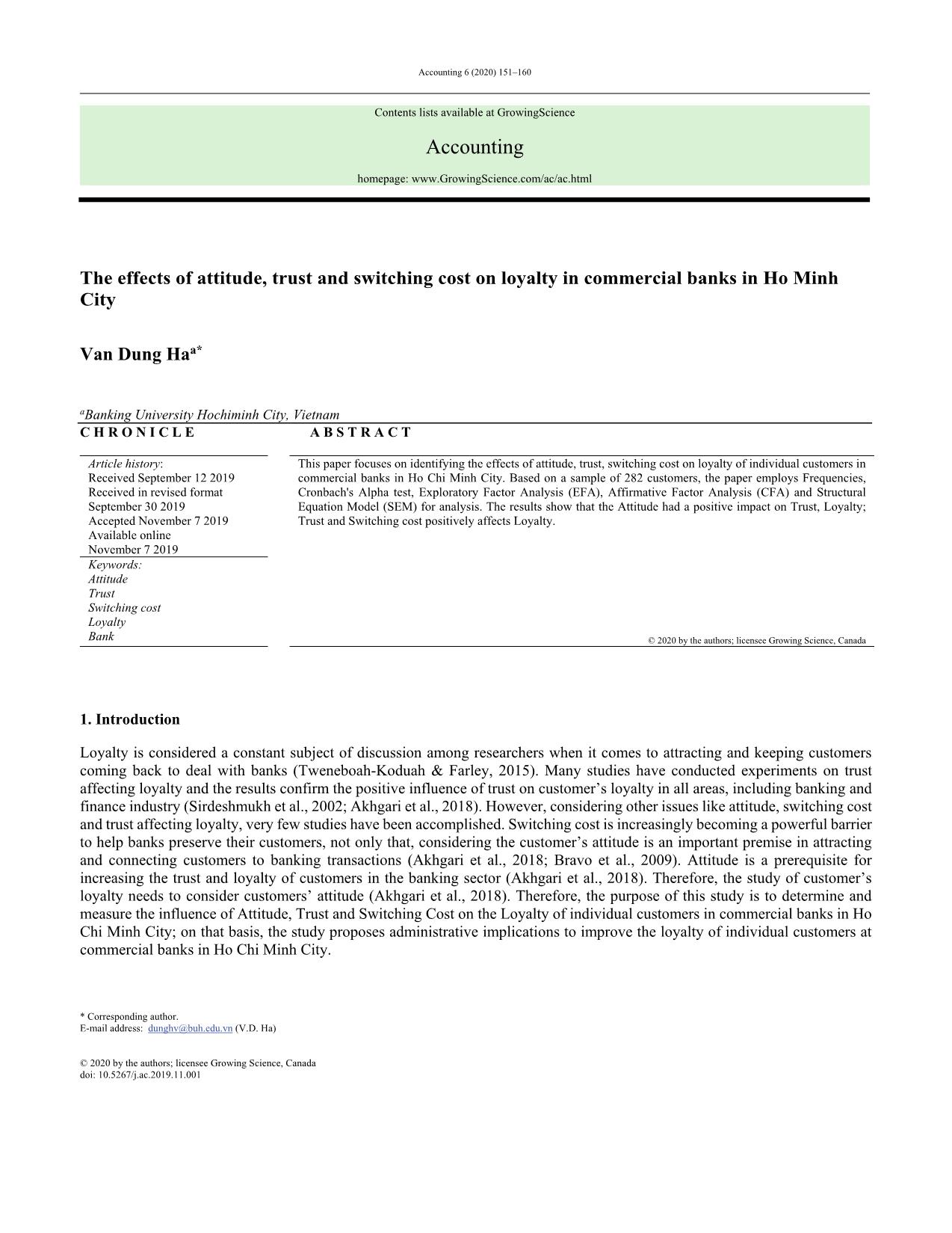 The effects of attitude, trust and switching cost on loyalty in commercial banks in Ho Minh City trang 1