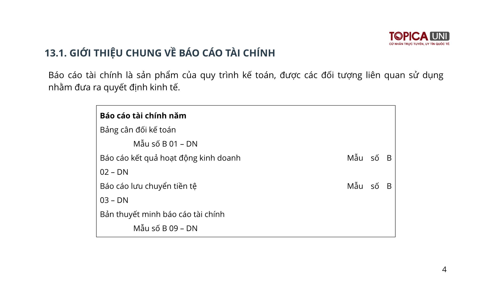 Bài giảng Kế toán chi phí sản xuất - Bài 13: Báo cáo tài chính - Trần Thế Nữ trang 4