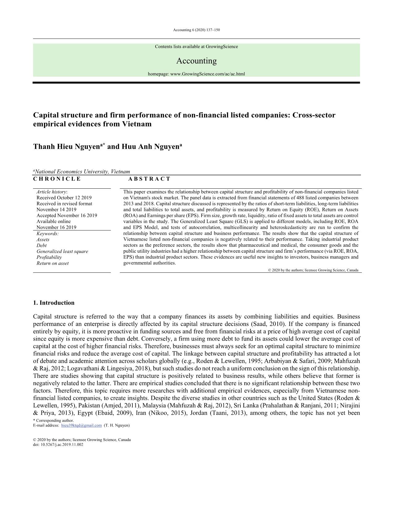 Capital structure and firm performance of non-financial listed companies: Cross-sector empirical evidences from Vietnam trang 1