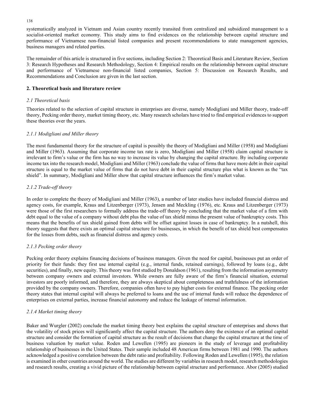 Capital structure and firm performance of non-financial listed companies: Cross-sector empirical evidences from Vietnam trang 2