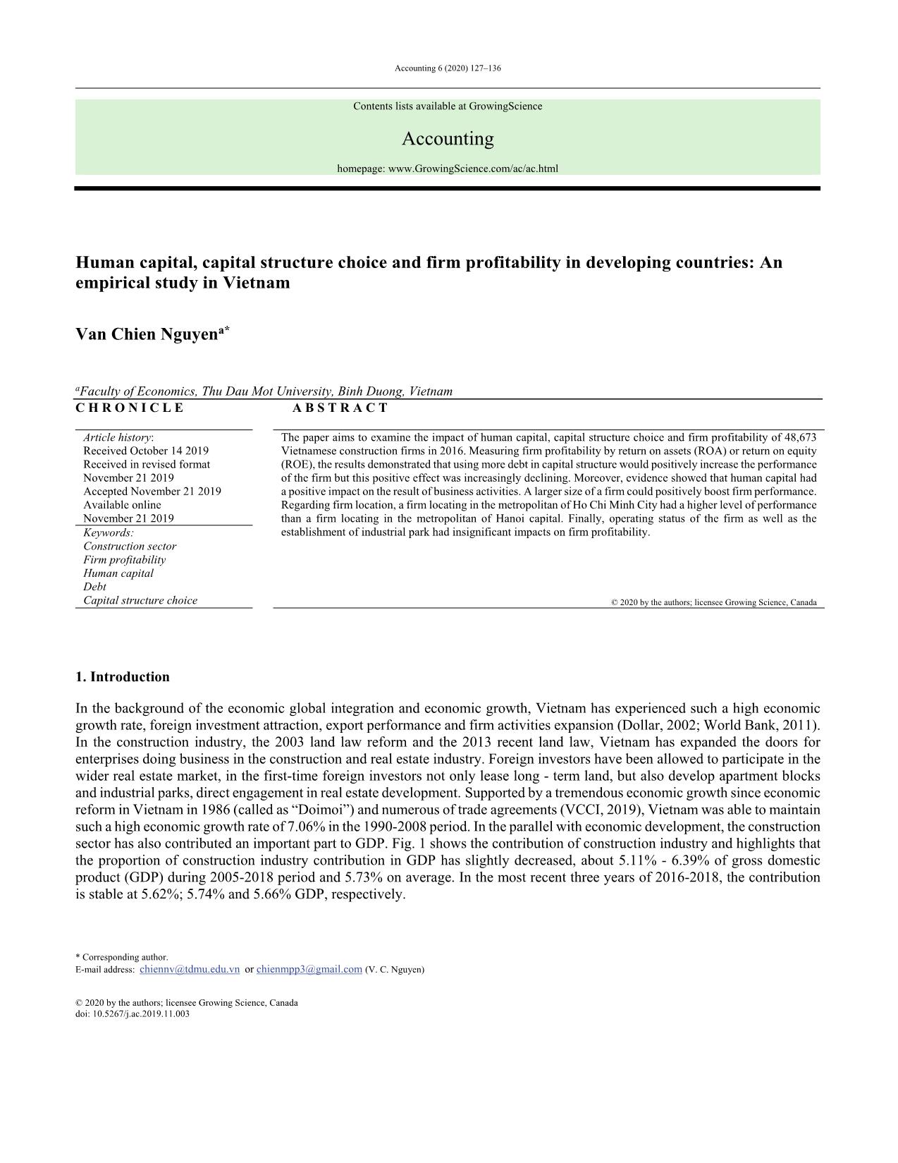 Human capital, capital structure choice and firm profitability in developing countries: An empirical study in Vietnam trang 1