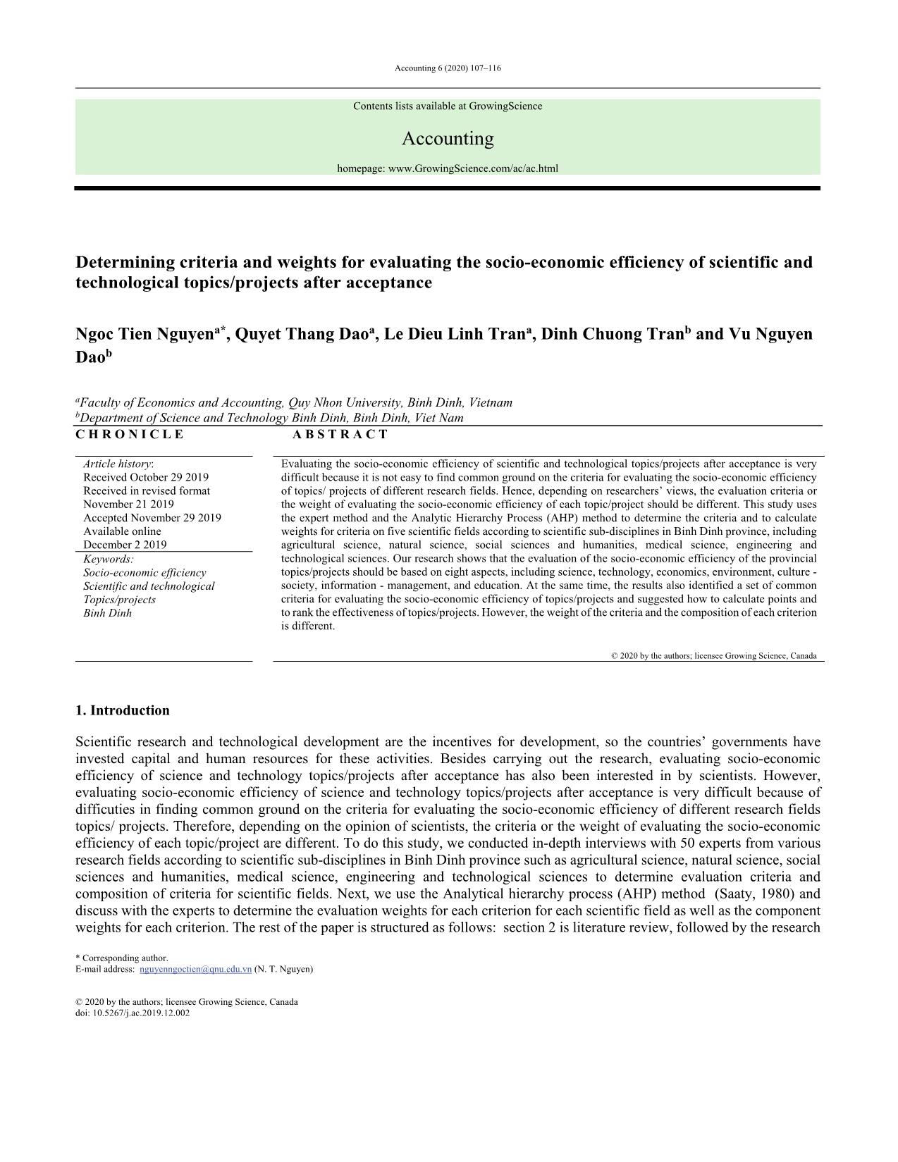 Determining criteria and weights for evaluating the socio-economic efficiency of scientific and technological topics/projects after acceptance trang 1