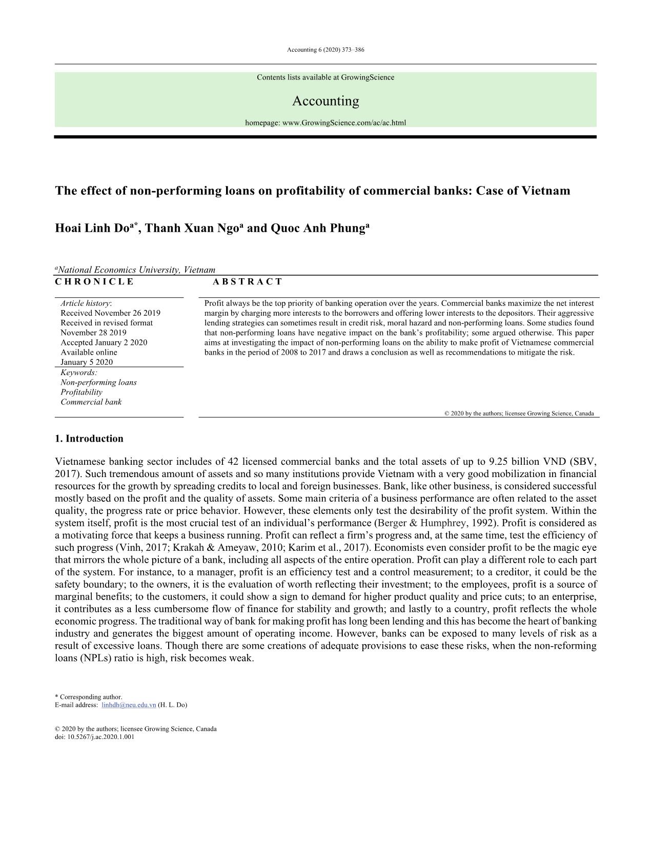 The effect of non-Performing loans on profitability of commercial banks: Case of Vietnam trang 1