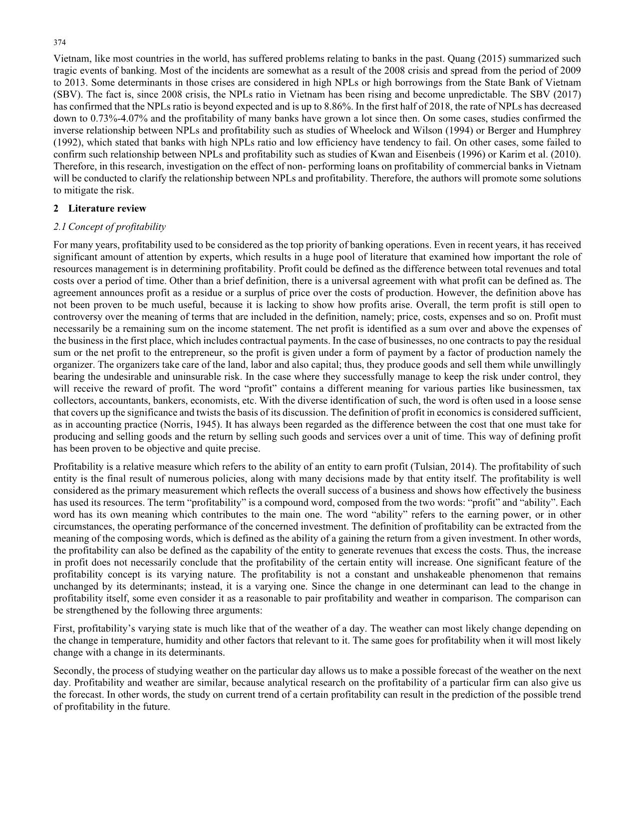 The effect of non-Performing loans on profitability of commercial banks: Case of Vietnam trang 2