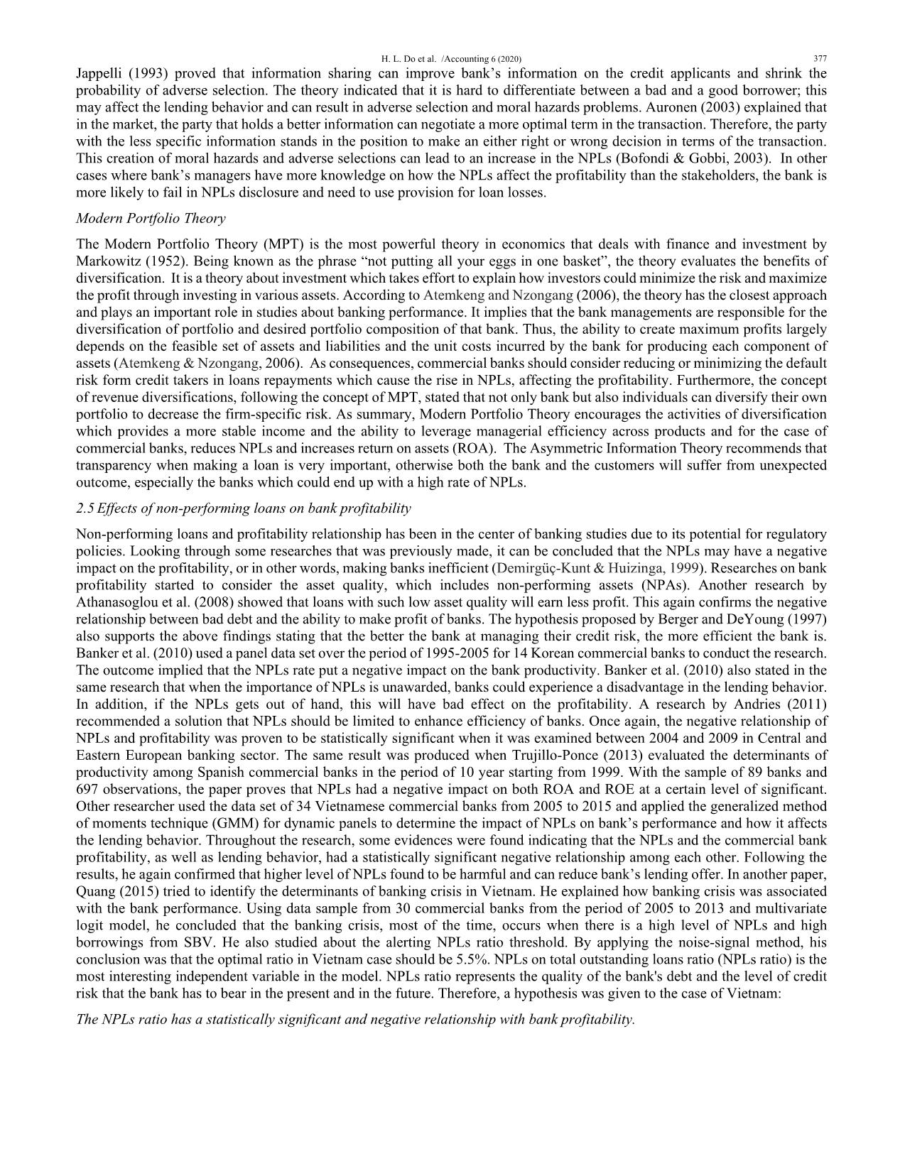 The effect of non-Performing loans on profitability of commercial banks: Case of Vietnam trang 5