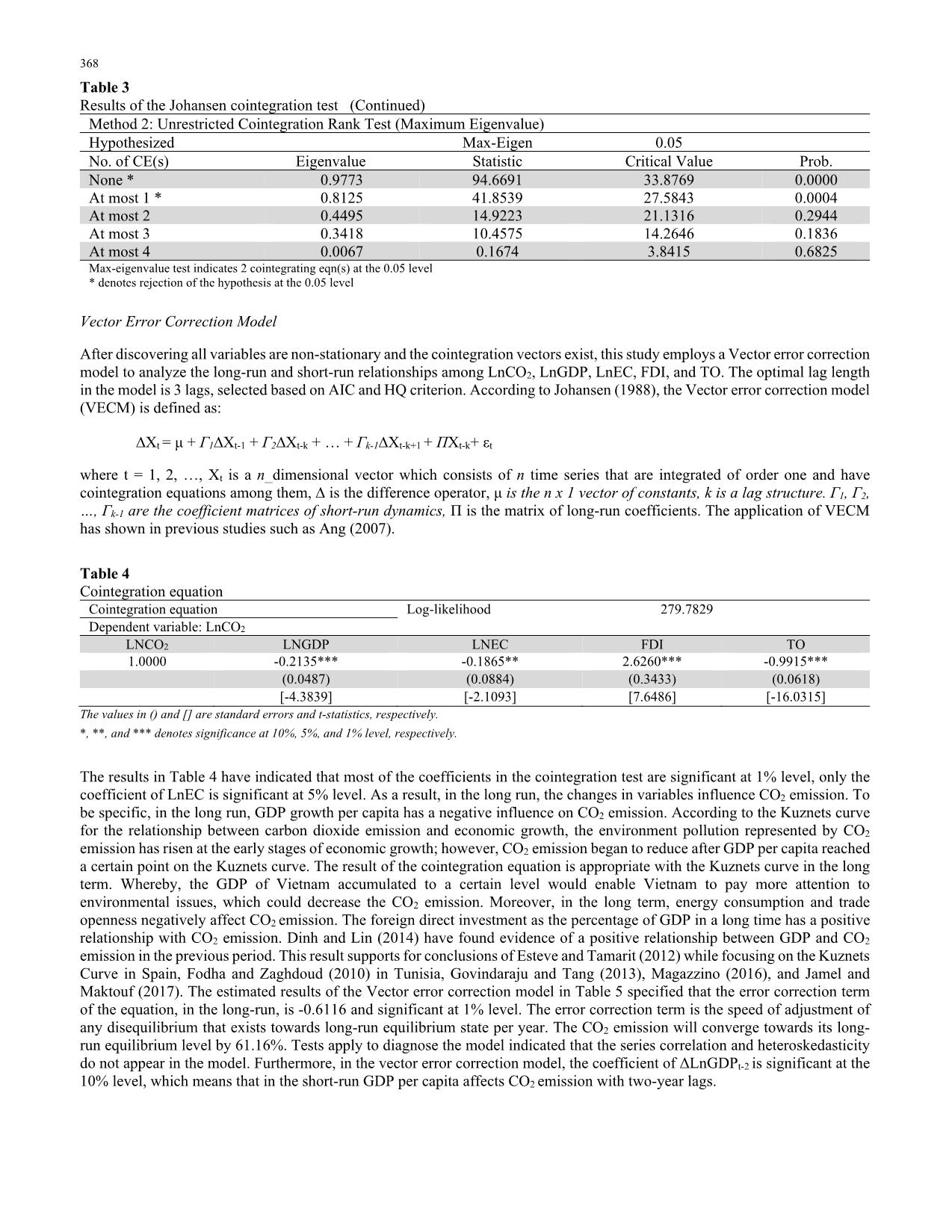 Short-and long-term effects of GDP, energy consumption, FDI, and trade openness on CO2 emissions trang 4