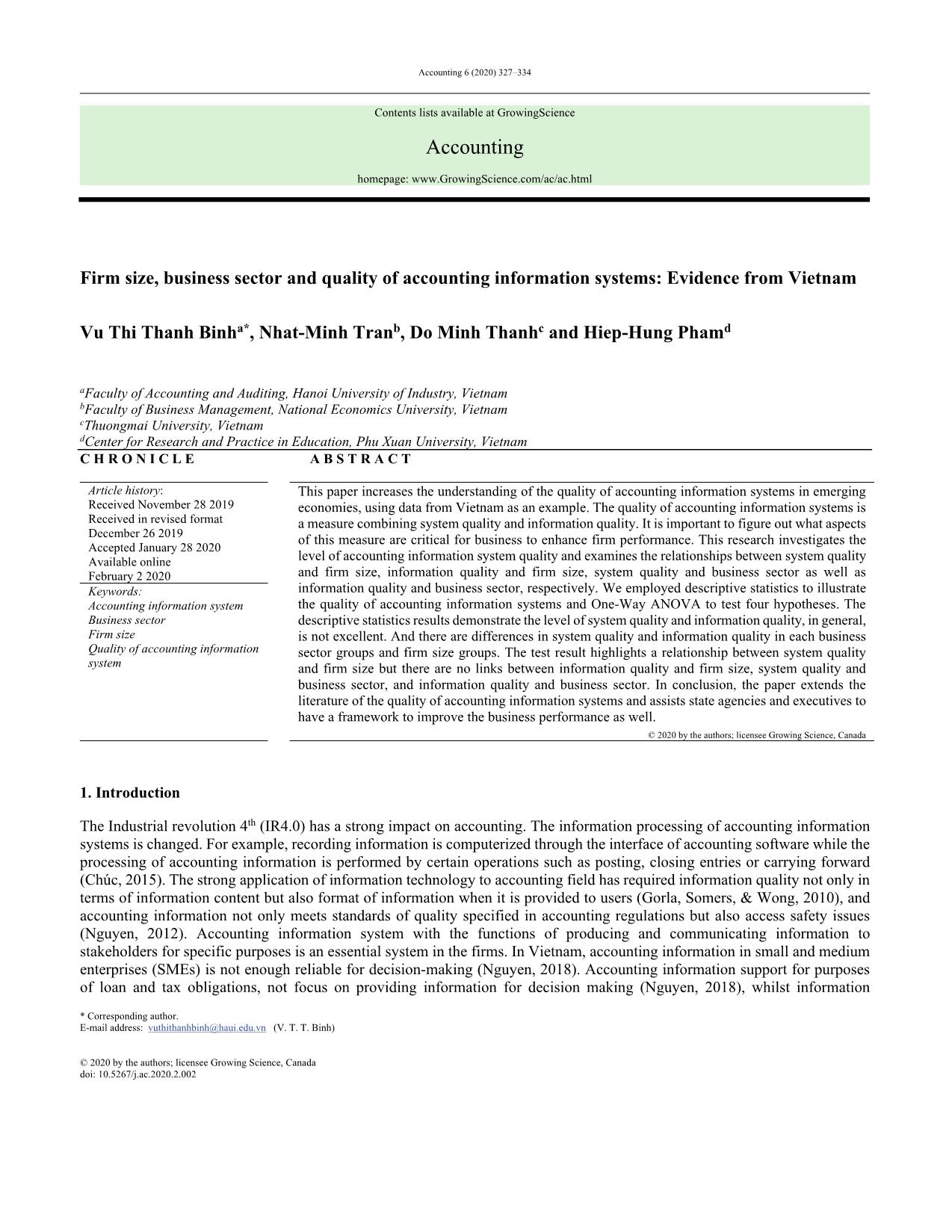 Firm size, business sector and quality of accounting information systems: Evidence from Vietnam trang 1