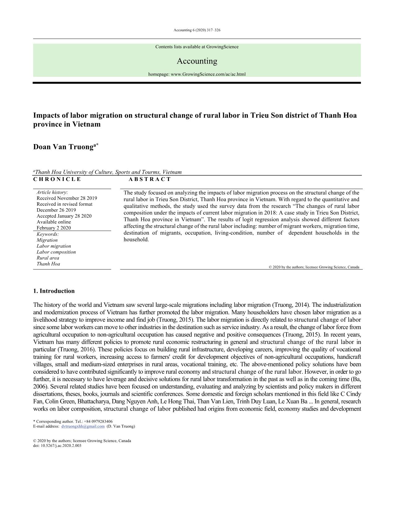 Impacts of labor migration on structural change of rural labor in Trieu Son district of Thanh Hoa province in Vietnam trang 1