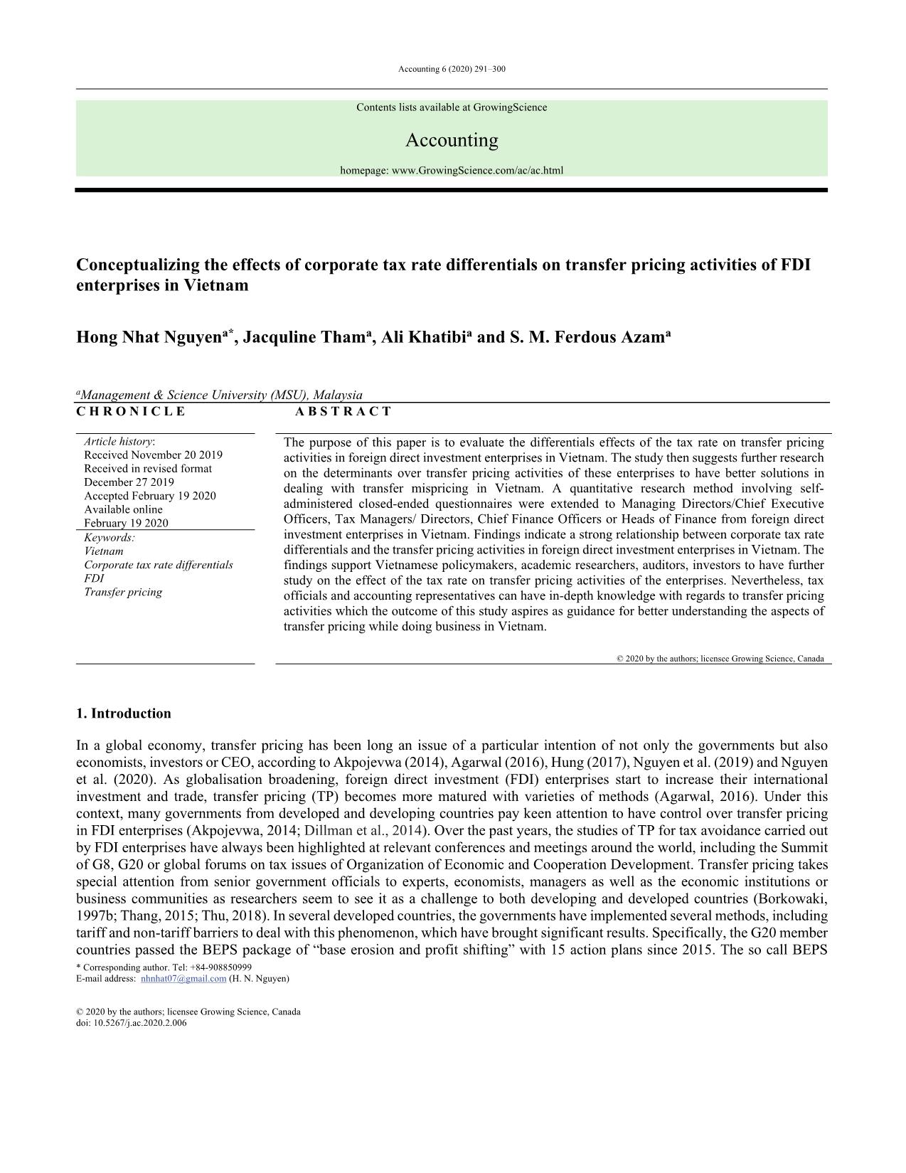 Conceptualizing the effects of corporate tax rate differentials on transfer pricing activities of FDI enterprises in Vietnam trang 1