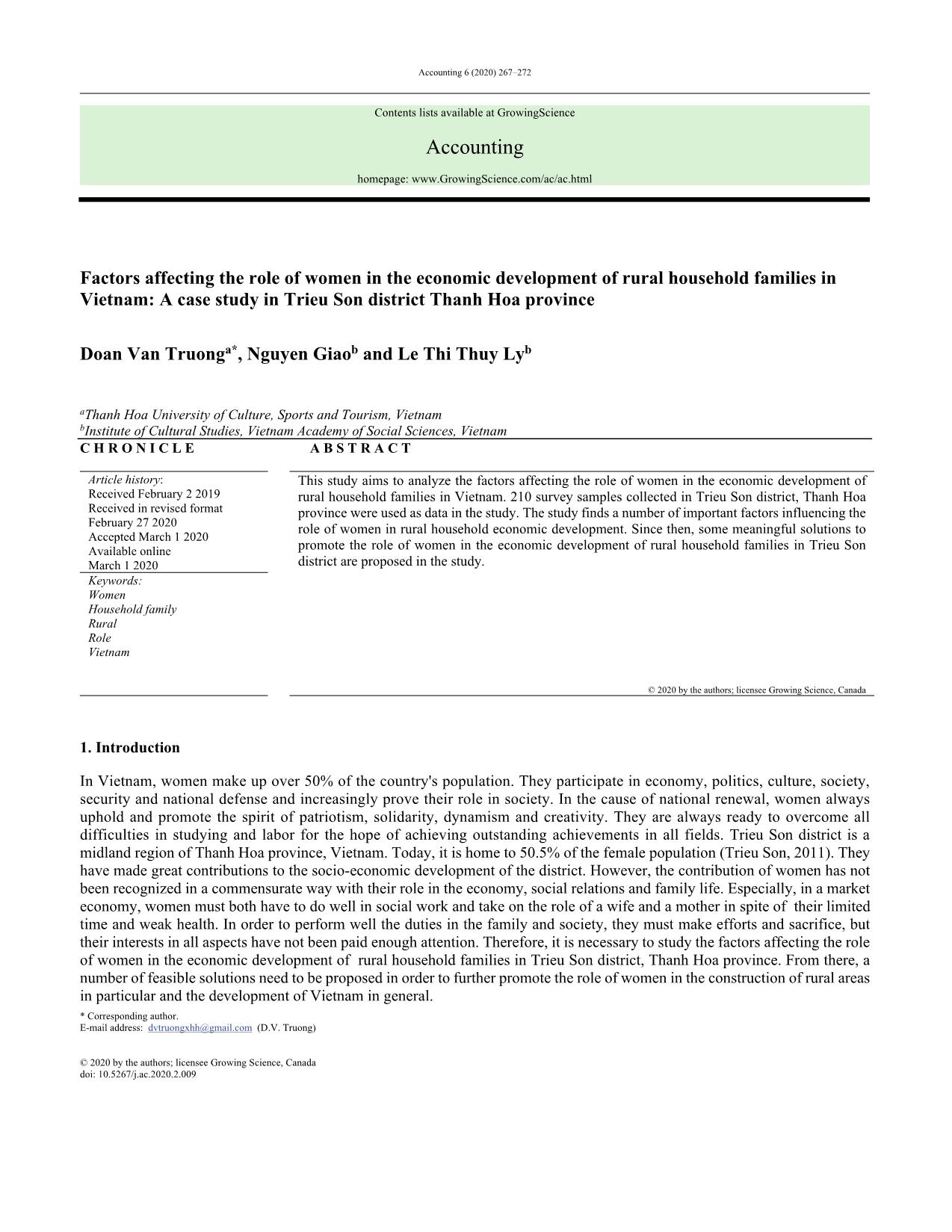 Factors affecting the role of women in the economic development of rural household families in Vietnam: A case study in Trieu Son district Thanh Hoa province trang 1