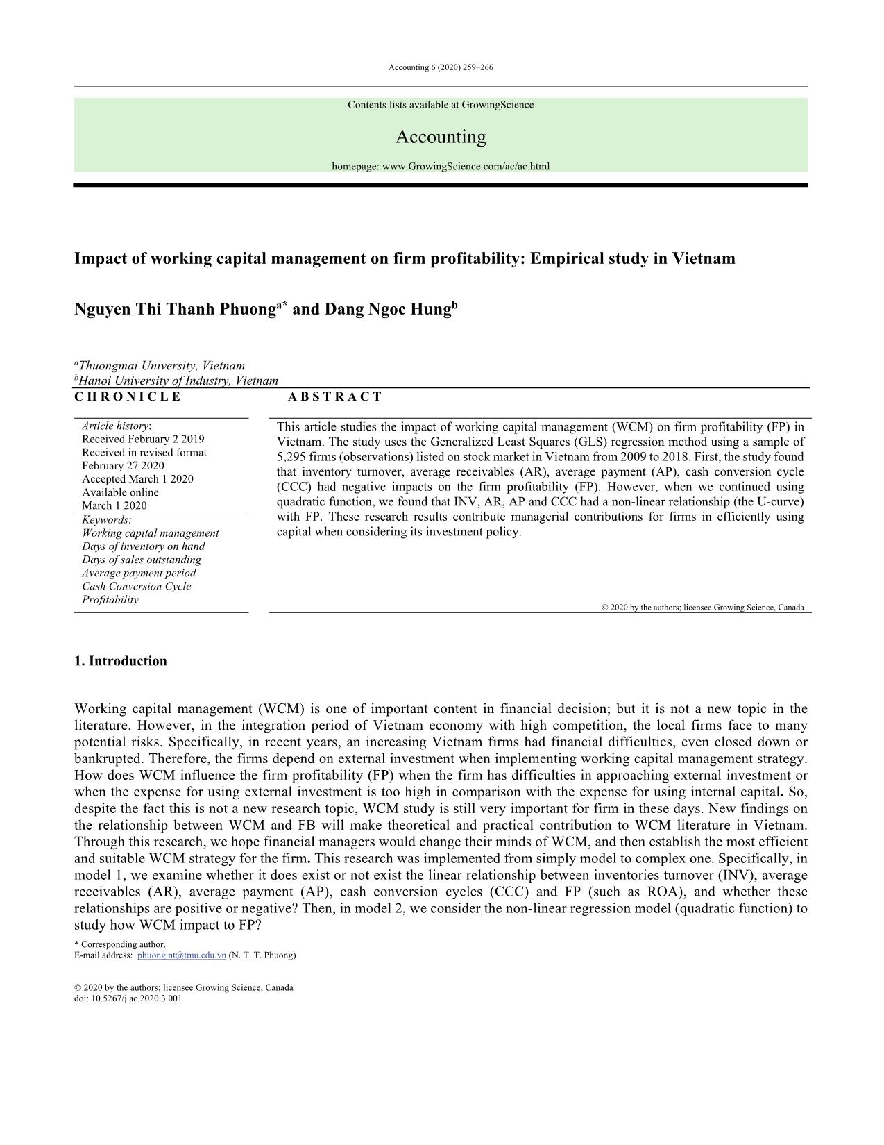 Impact of working capital management on firm profitability: Empirical study in Vietnam trang 1