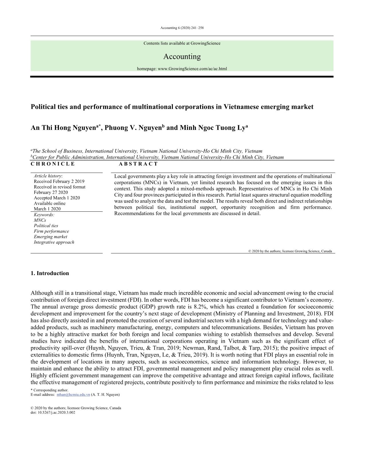 Political ties and performance of multinational corporations in Vietnamese emerging market trang 1