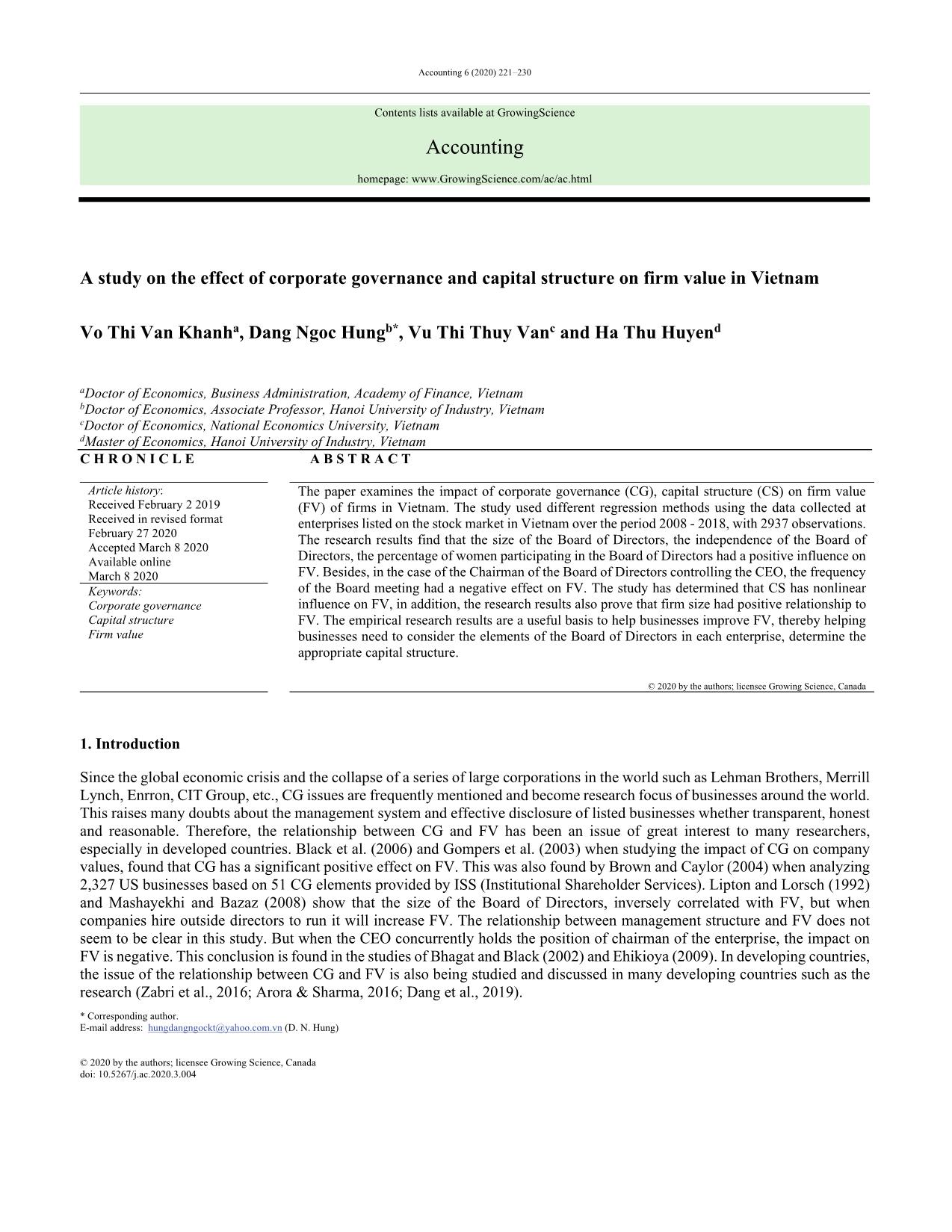 A study on the effect of corporate governance and capital structure on firm value in Vietnam trang 1