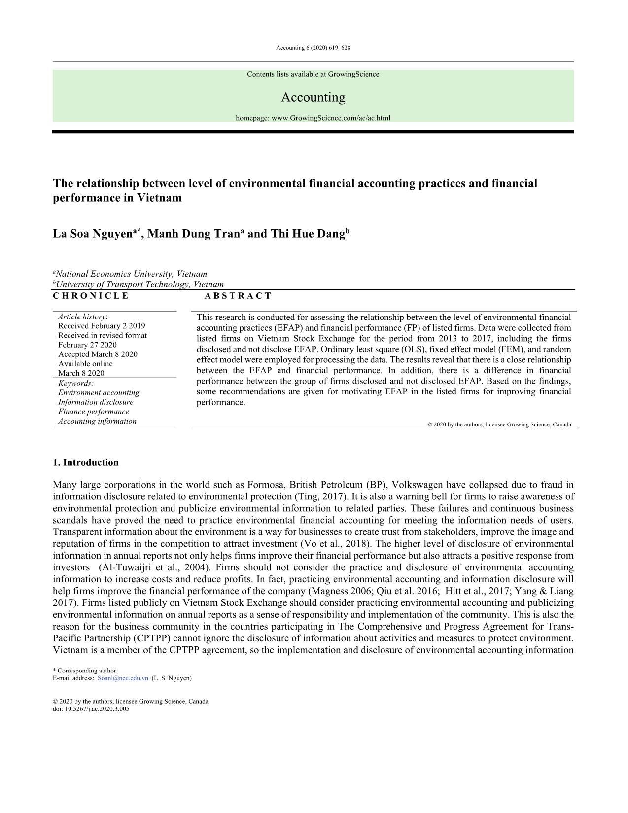 The relationship between level of environmental financial accounting practices and financial performance in Vietnam trang 1