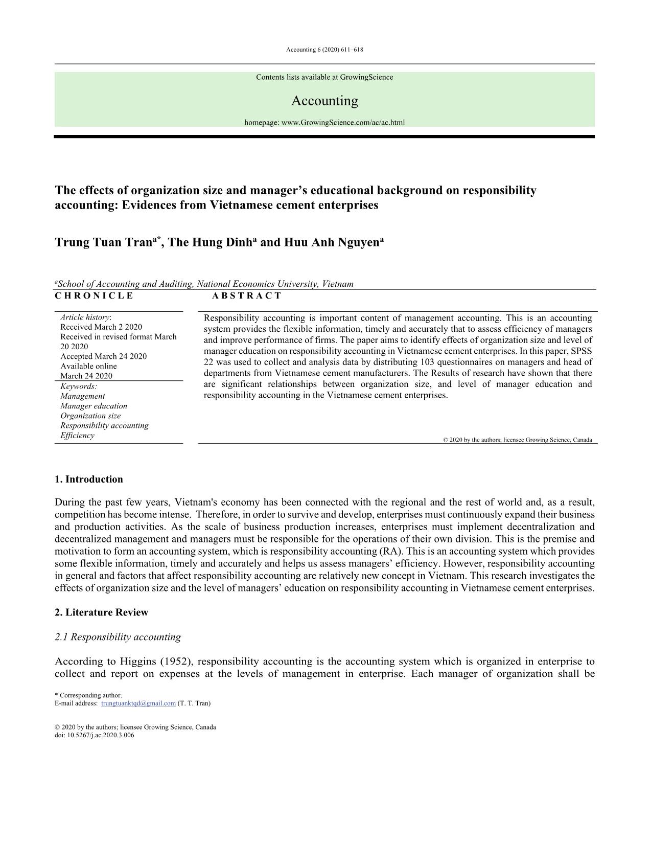 The effects of organization size and manager’s educational background on responsibility accounting: Evidences from Vietnamese cement enterprises trang 1